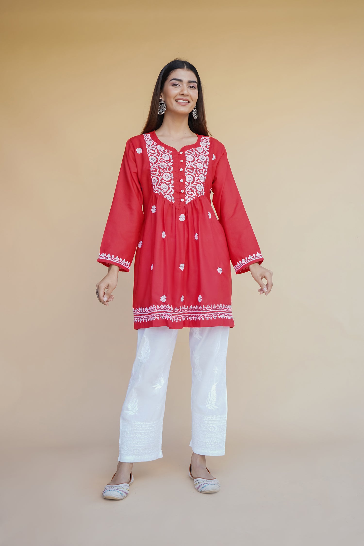 Cotton Chikankari Short Kurta in Red