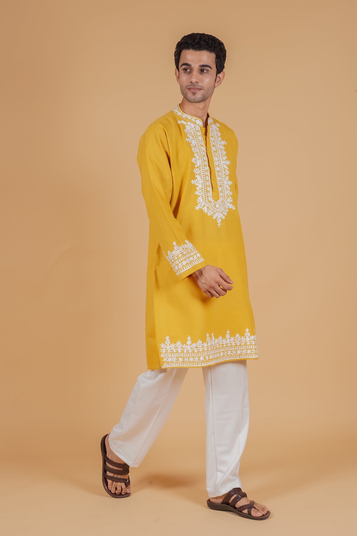 Men’s Kashmiri Aari Embroidered Kurta Ruby Cotton - Mustard