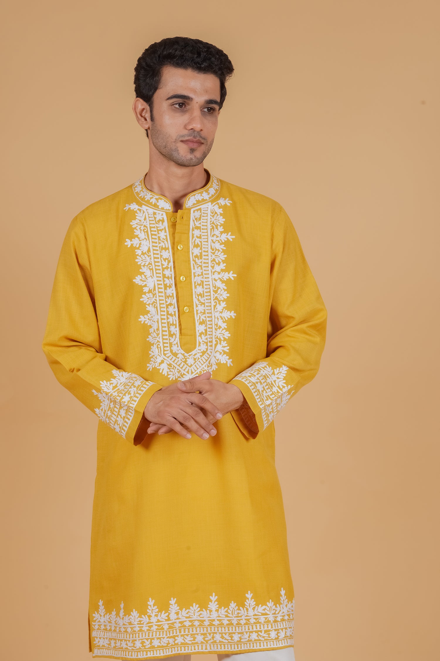Men’s Kashmiri Aari Embroidered Kurta Ruby Cotton - Mustard