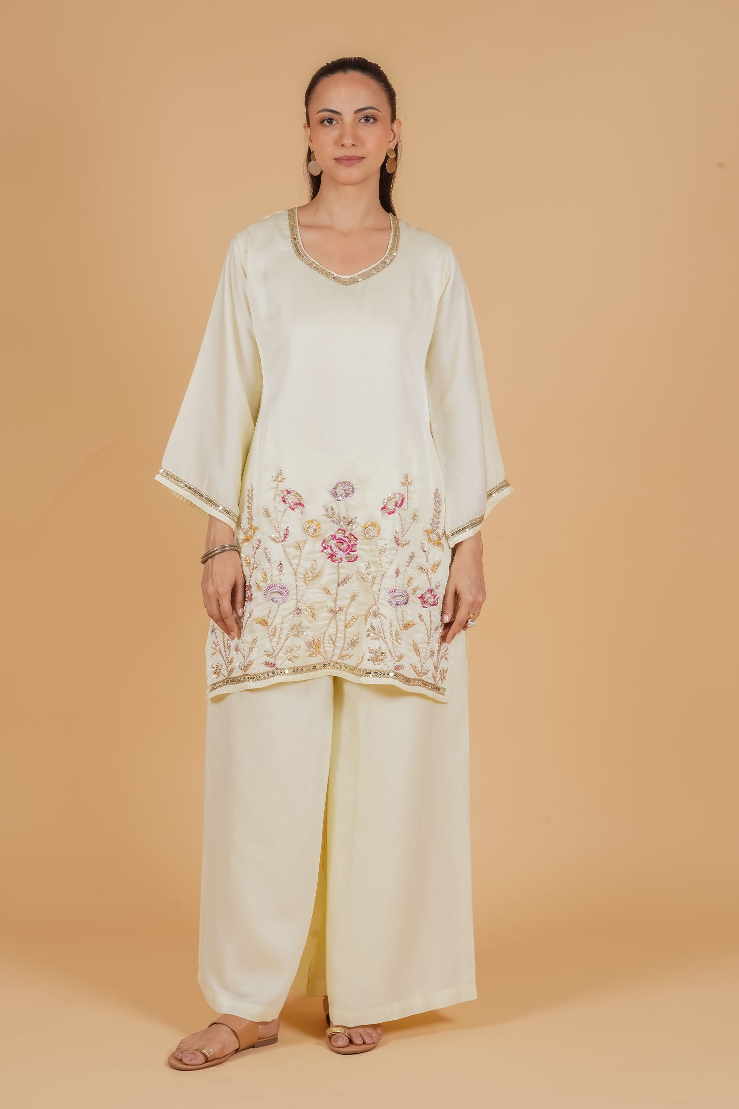 Mix Sequin Mul Chanderi Silk Embroidered Kurta Set - Butter Yellow