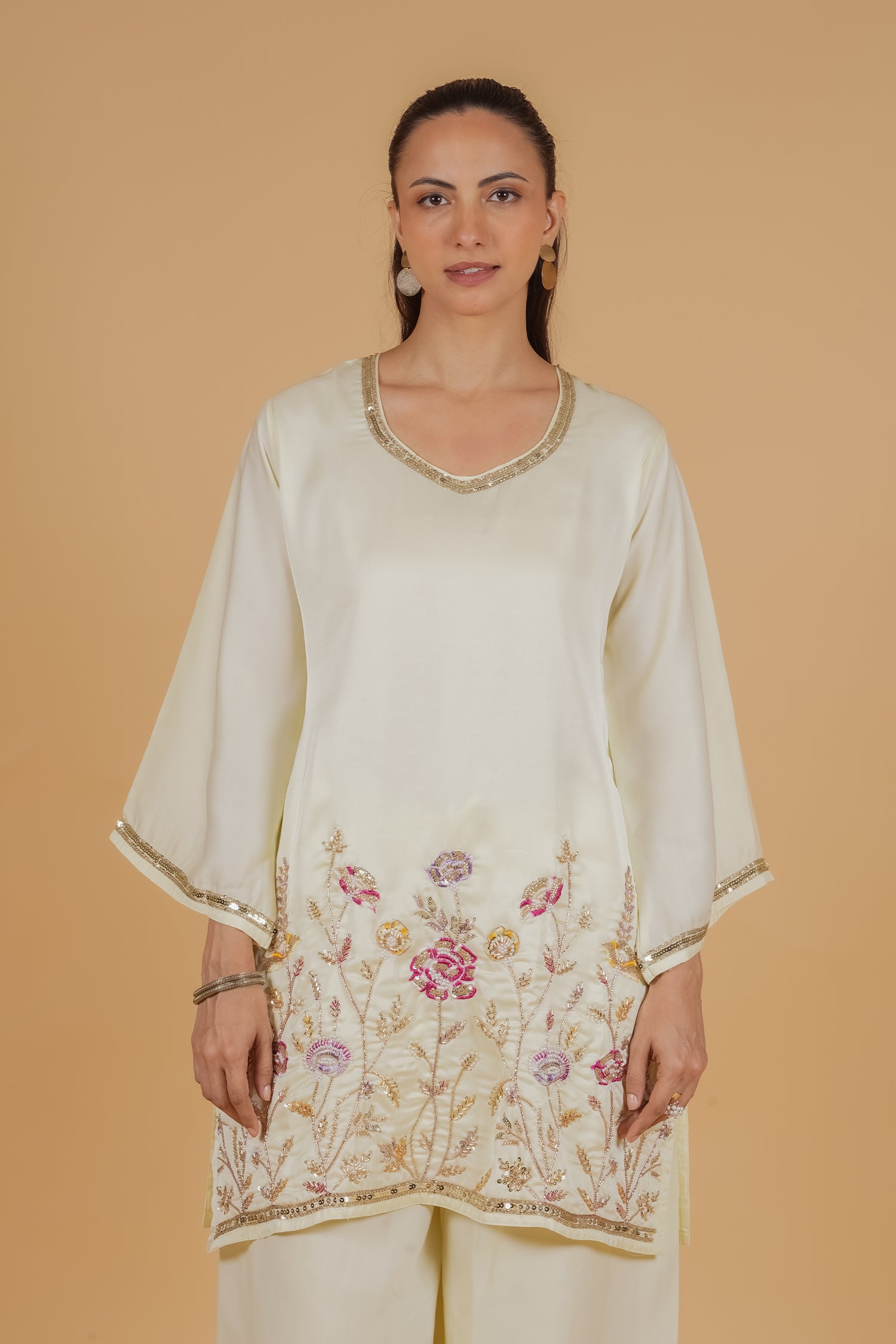 Mix Sequin Mul Chanderi Silk Embroidered Kurta Set - Butter Yellow