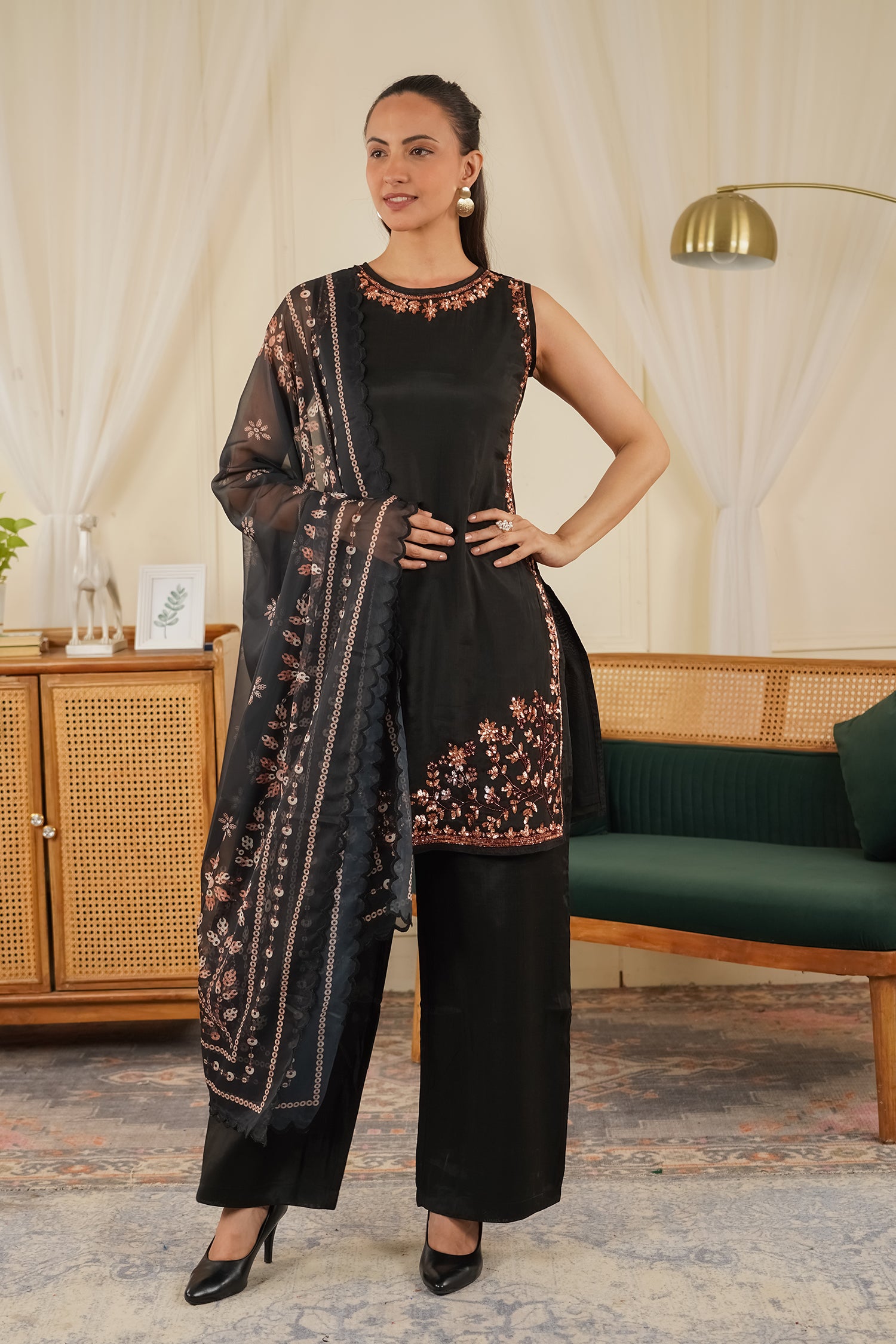 Pure Sequin Mul Chanderi Silk Kurta Set - Black Rose Gold