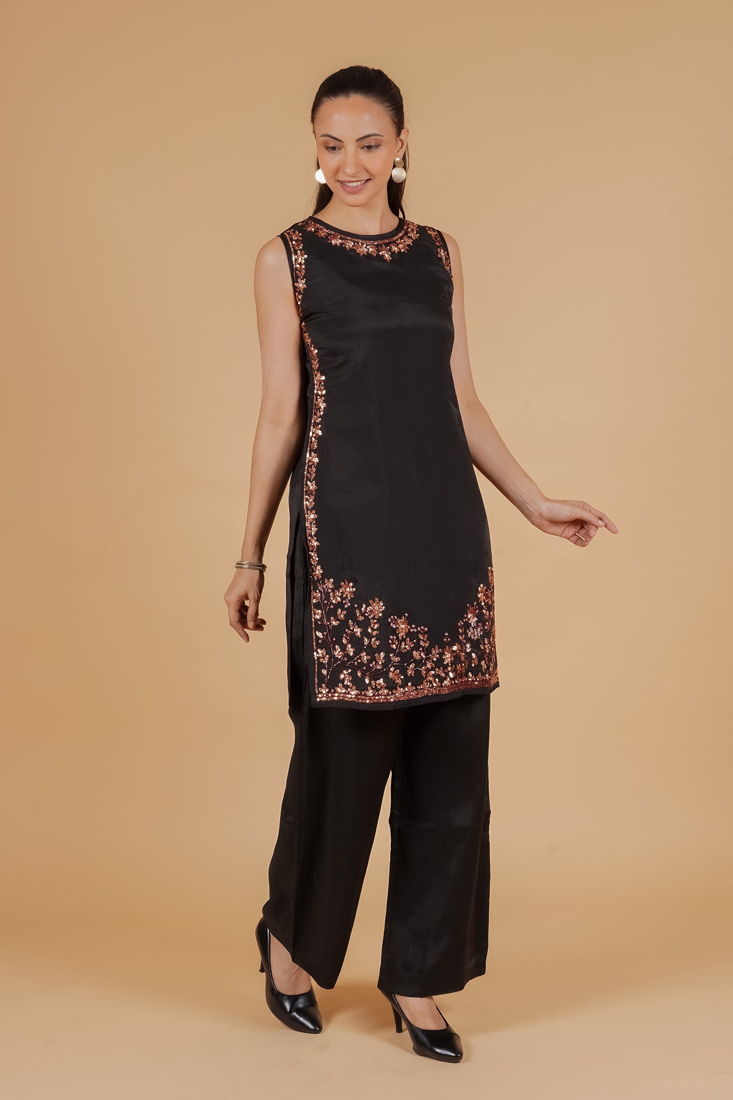 Pure Sequin Mul Chanderi Silk Kurta Set - Black Rose Gold