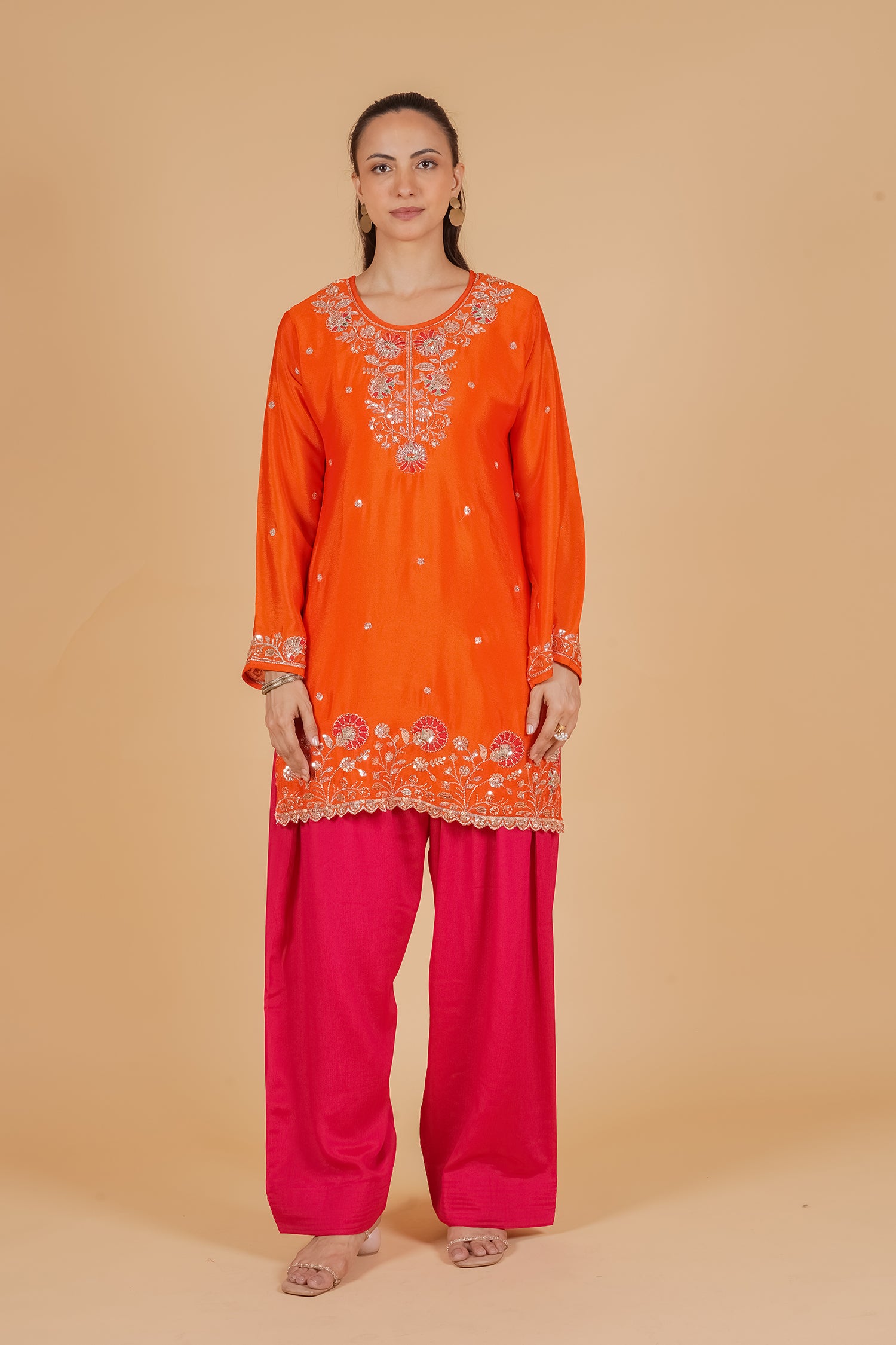 Mix Sequin Chinnon Chiffon Embroidered Kurta Set - Orange Pink Bottom