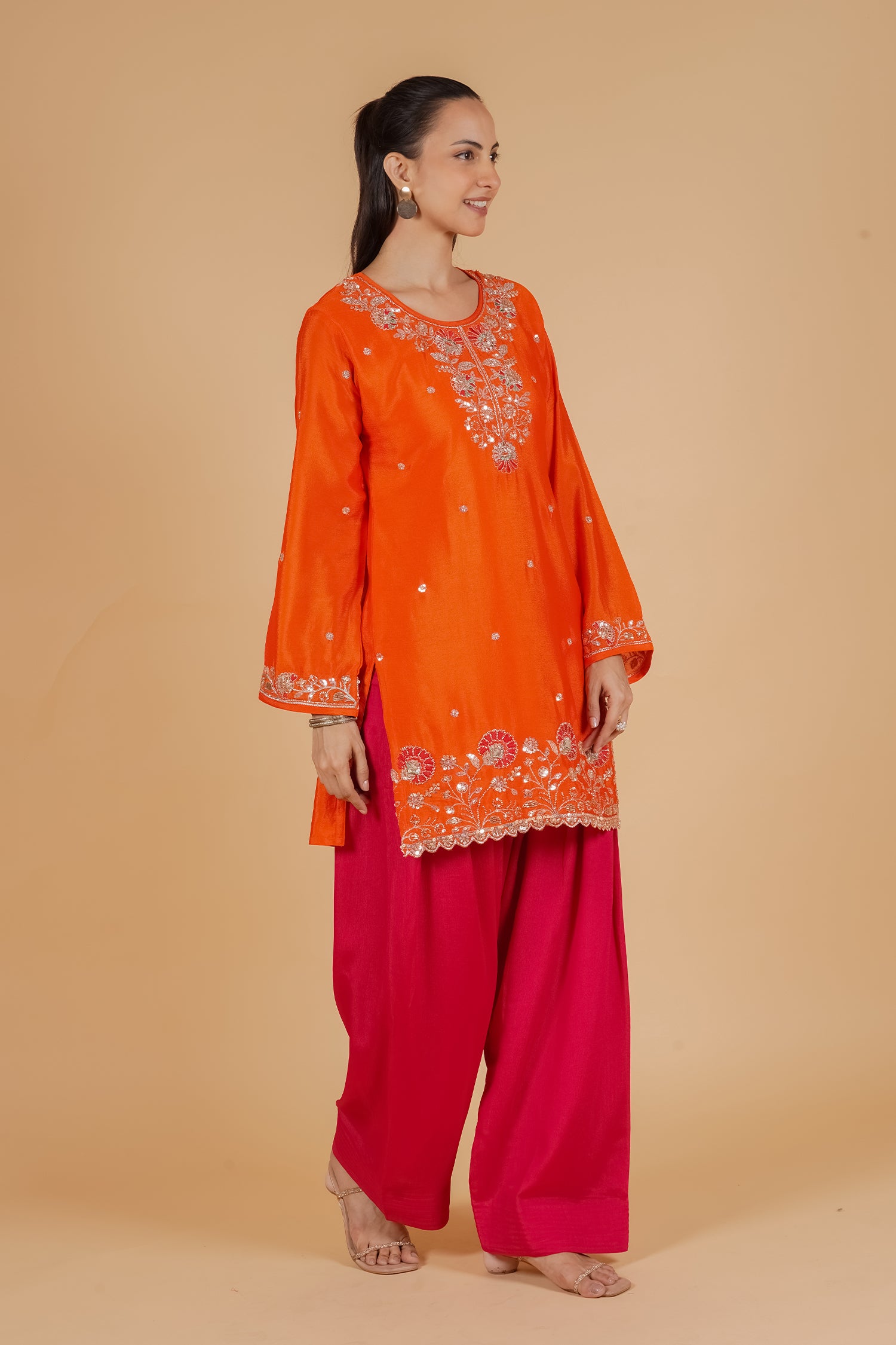 Mix Sequin Chinnon Chiffon Embroidered Kurta Set - Orange Pink Bottom
