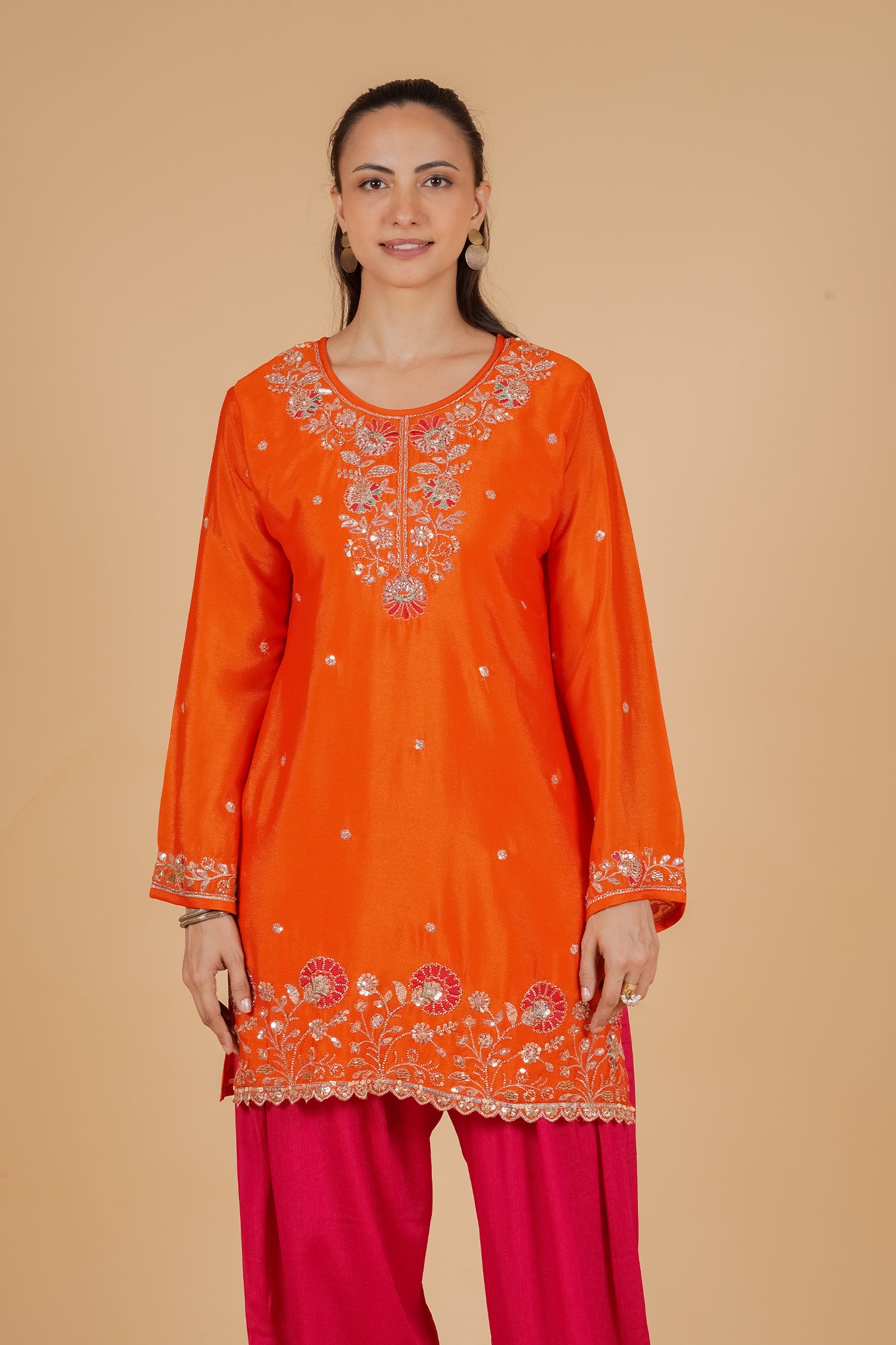 Mix Sequin Chinnon Chiffon Embroidered Kurta Set - Orange Pink Bottom