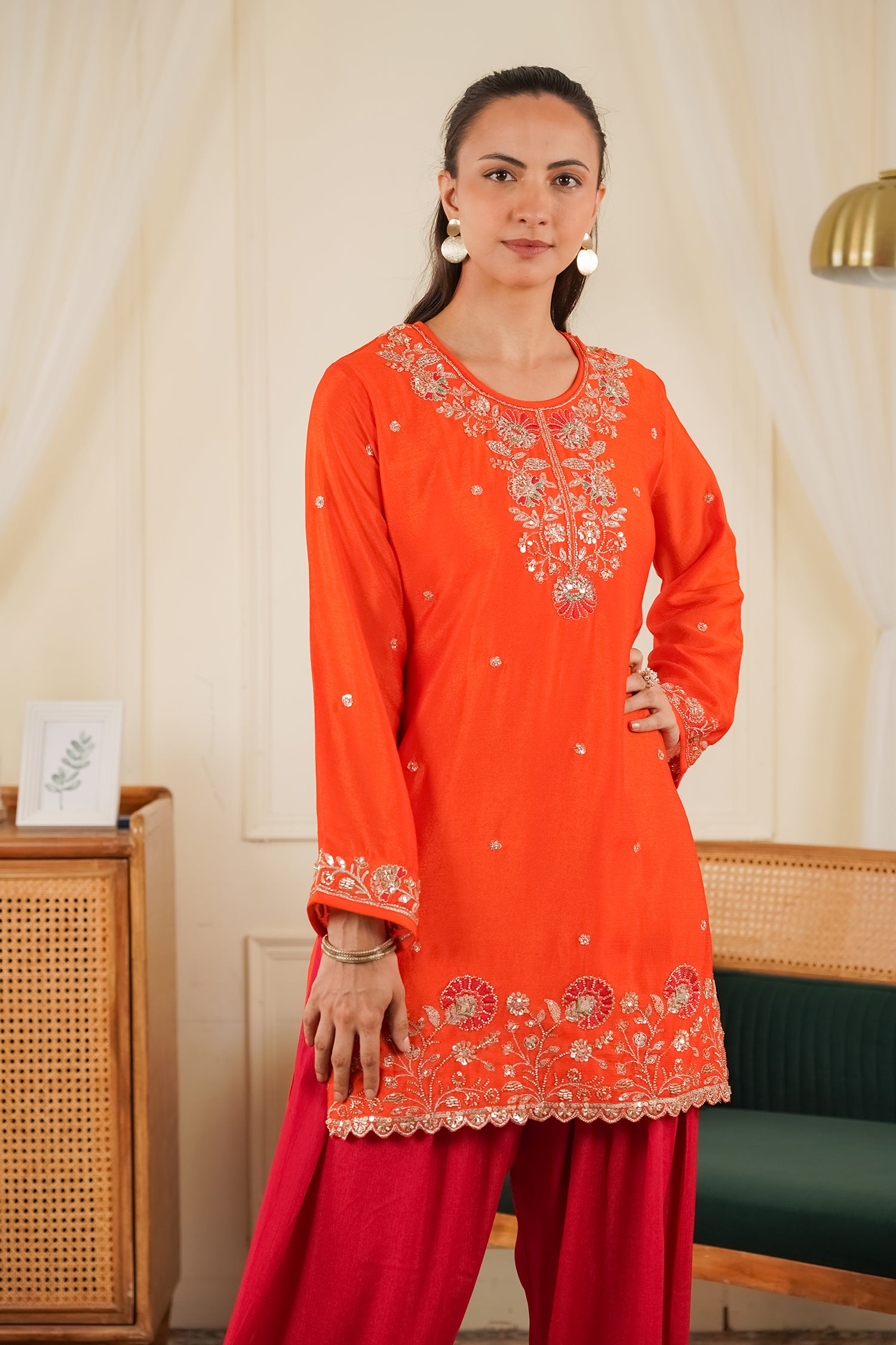 Mix Sequin Chinnon Chiffon Embroidered Kurta Set - Orange Pink Bottom