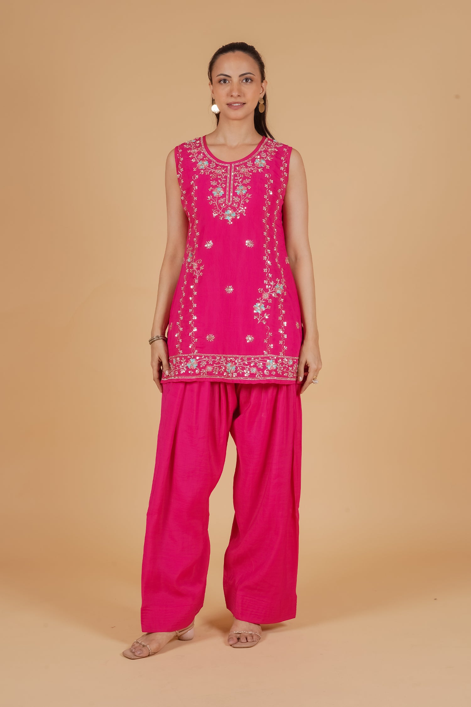 Mix Sequin Mul Chanderi Silk Embroidered Kurta Set - Pink