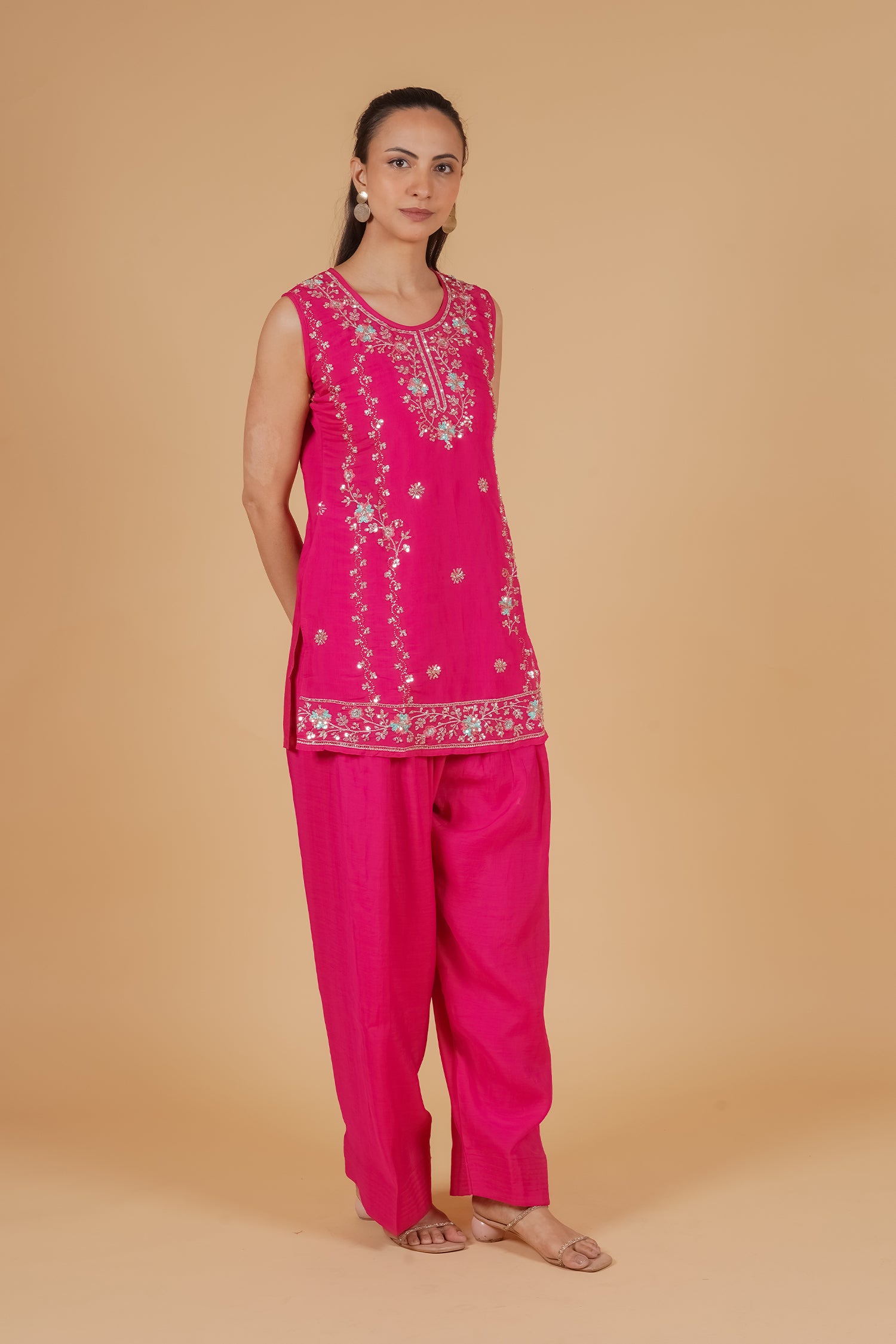 Mix Sequin Mul Chanderi Silk Embroidered Kurta Set - Pink