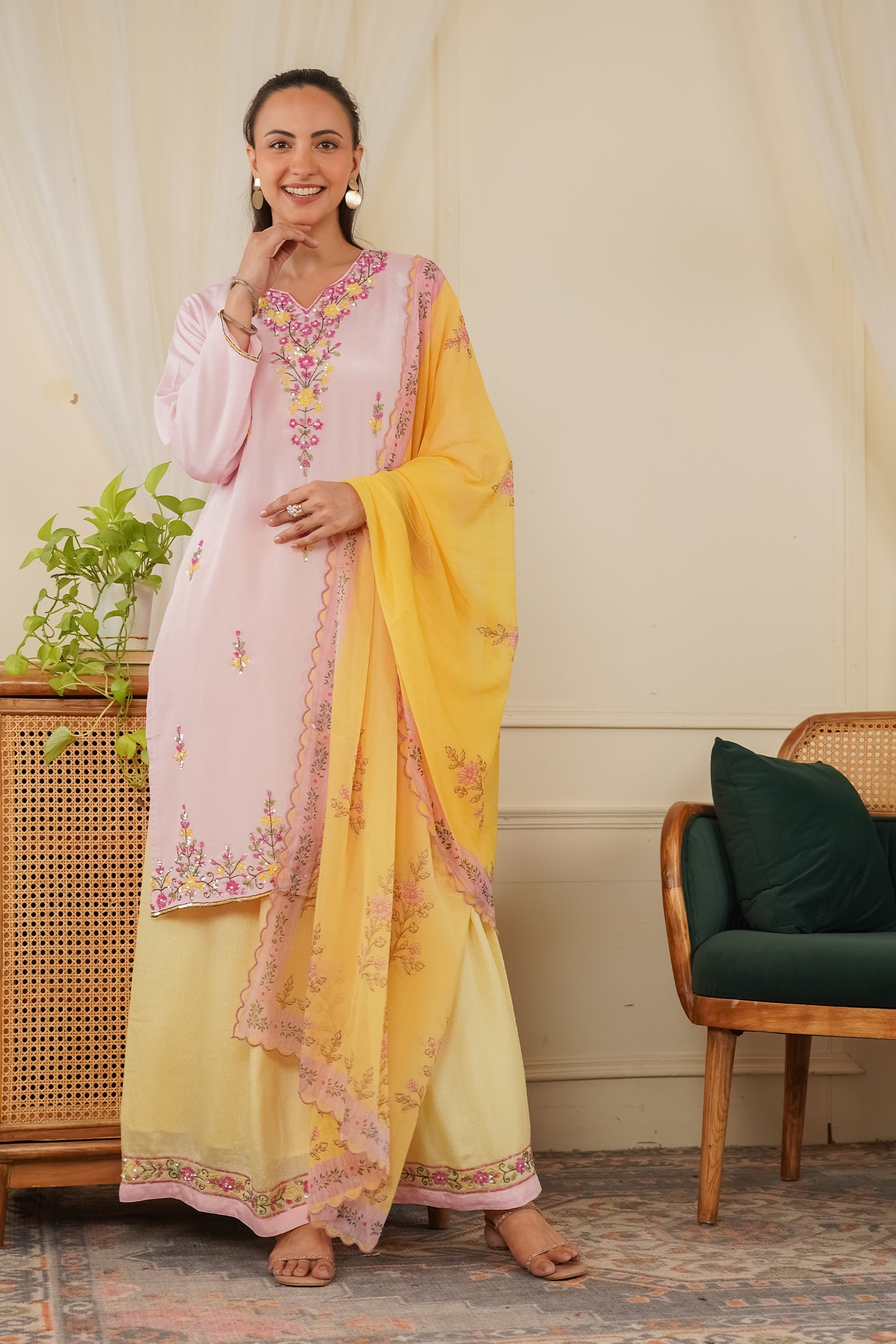 Pure Sequin Chinnon Chiffon Embroidered Kurta Set - Blush Pink