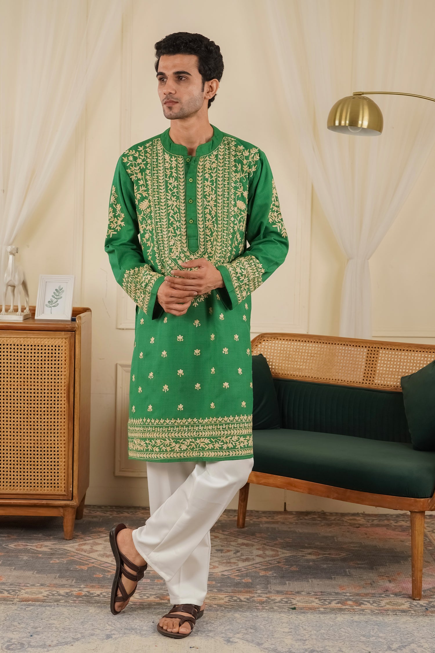 Men’s Kashmiri Aari Embroidered Kurta Ruby Cotton - Emerald Green