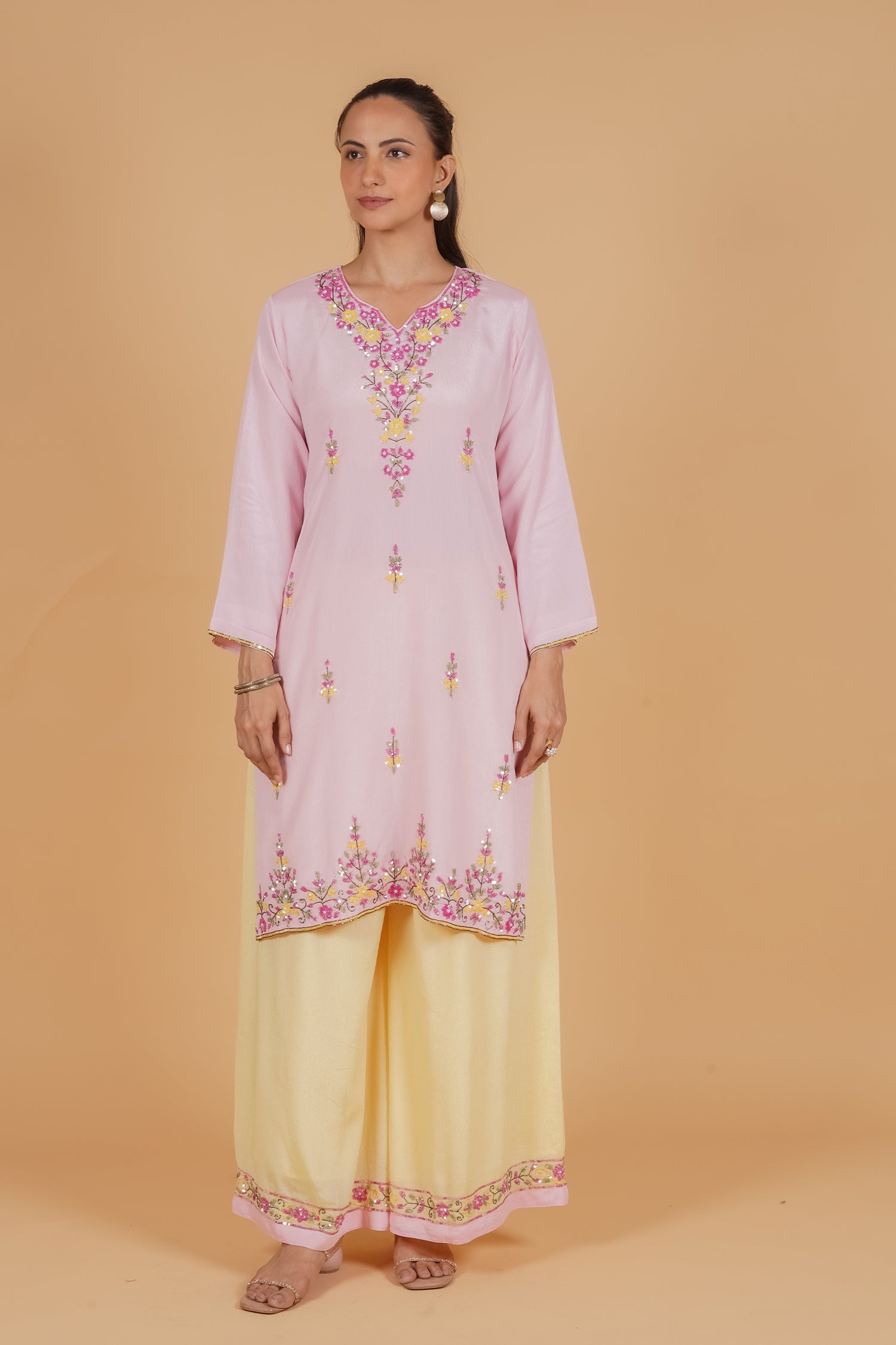 Pure Sequin Chinnon Chiffon Embroidered Kurta Set - Blush Pink