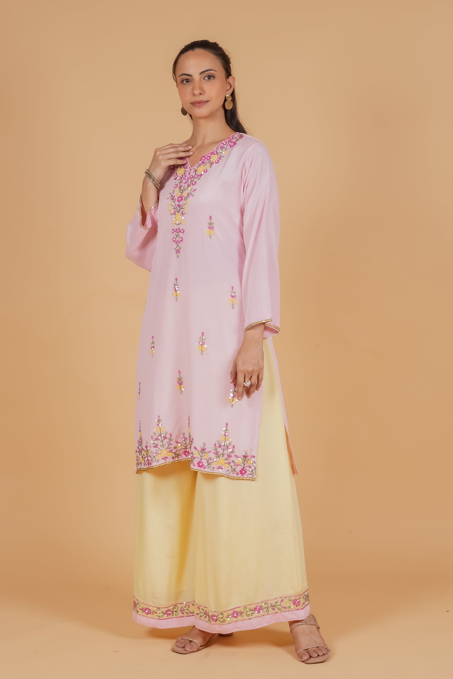 Pure Sequin Chinnon Chiffon Embroidered Kurta Set - Blush Pink