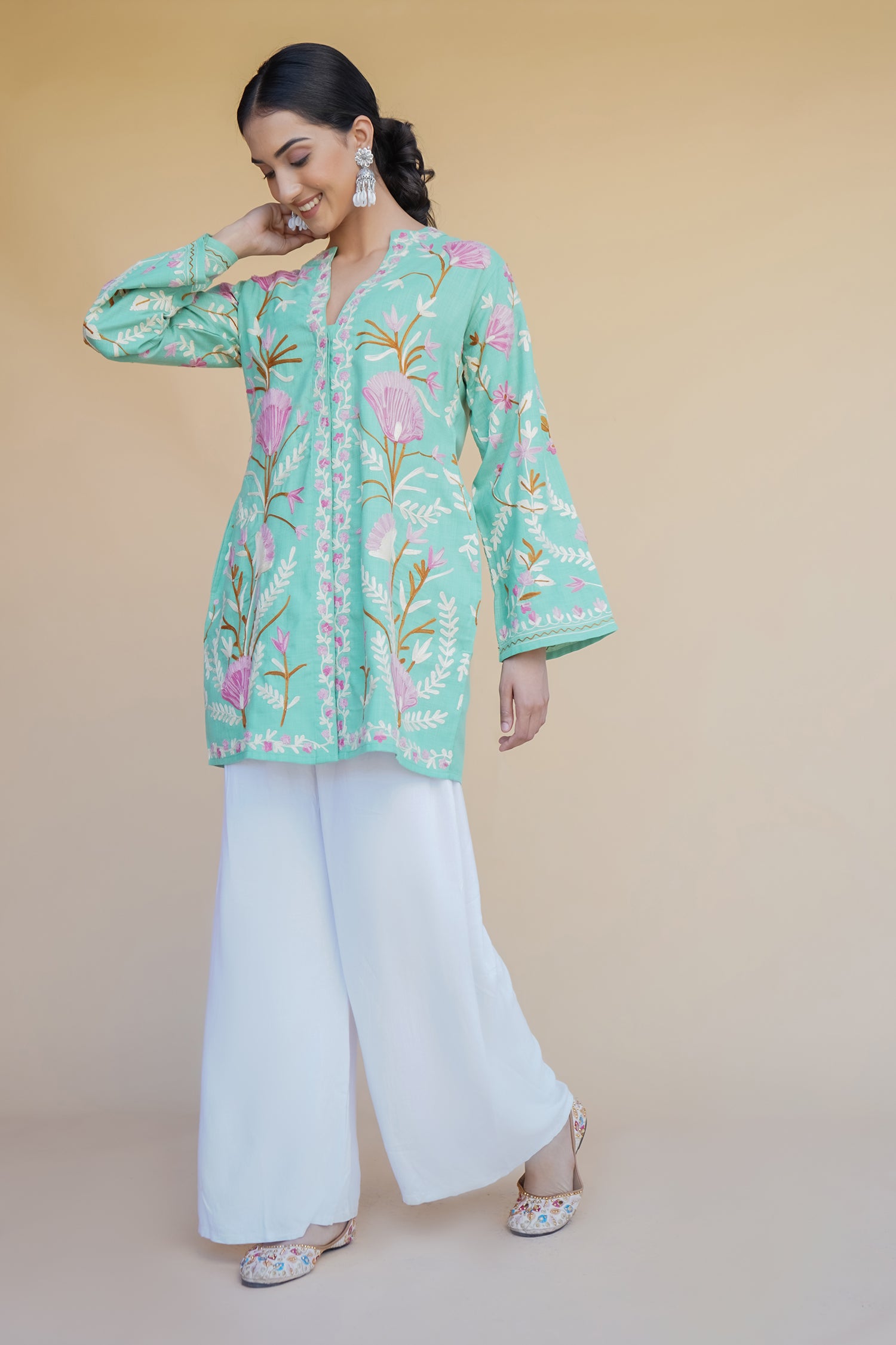 Kashmiri Aari Work Cotton Kurta Jacket – Pista Green