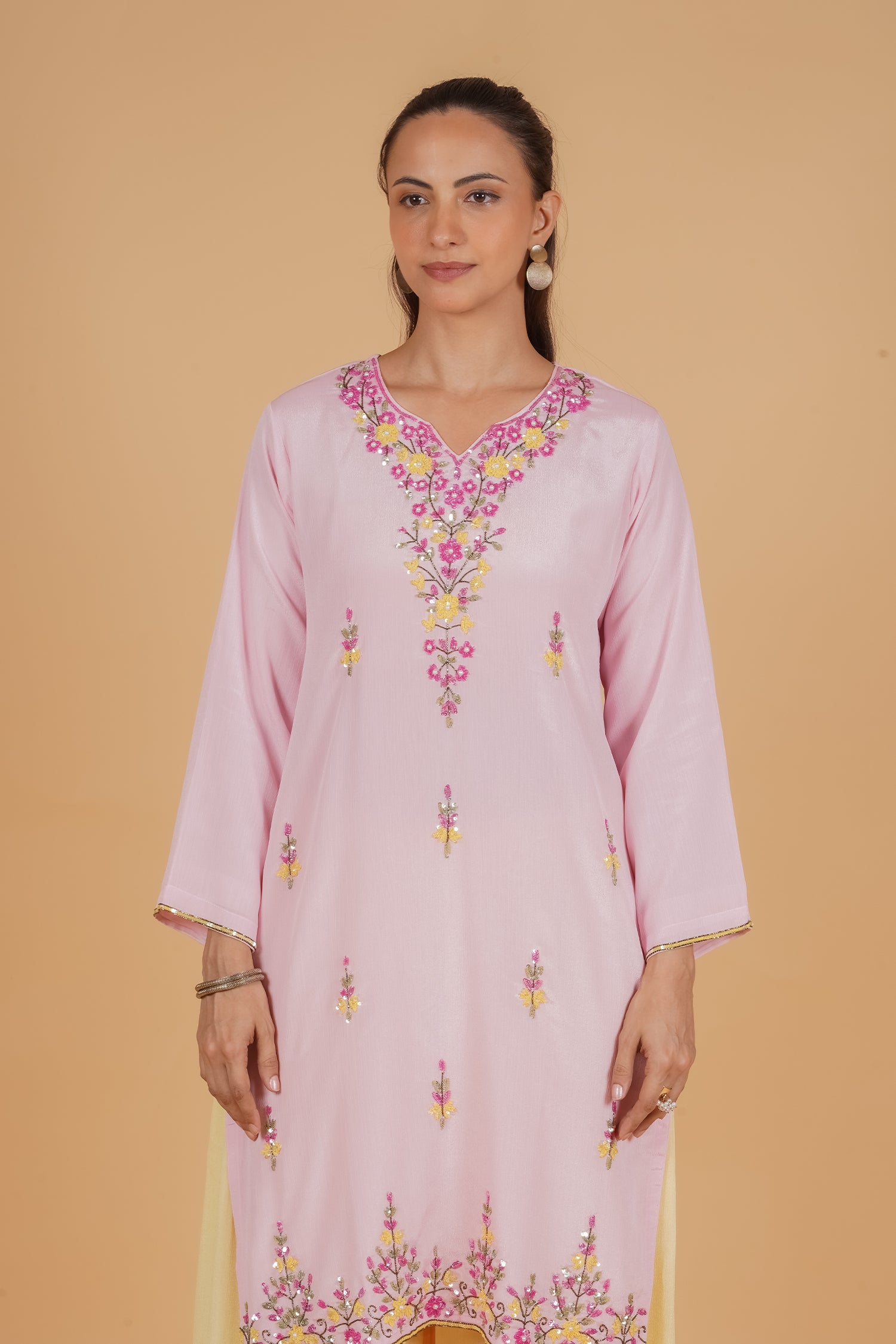 Pure Sequin Chinnon Chiffon Embroidered Kurta Set - Blush Pink