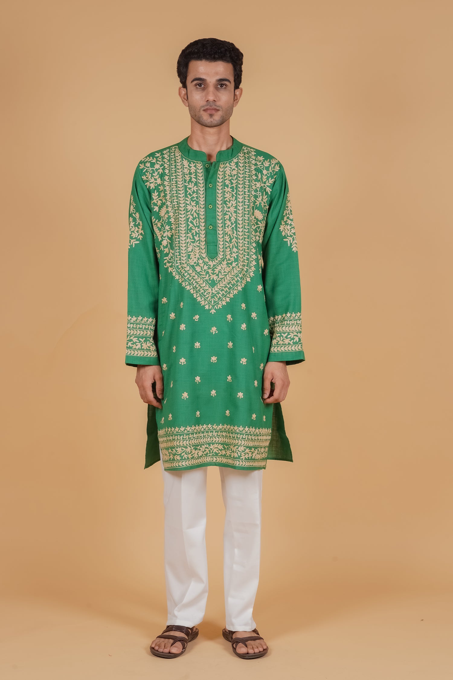 Men’s Kashmiri Aari Embroidered Kurta Ruby Cotton - Emerald Green