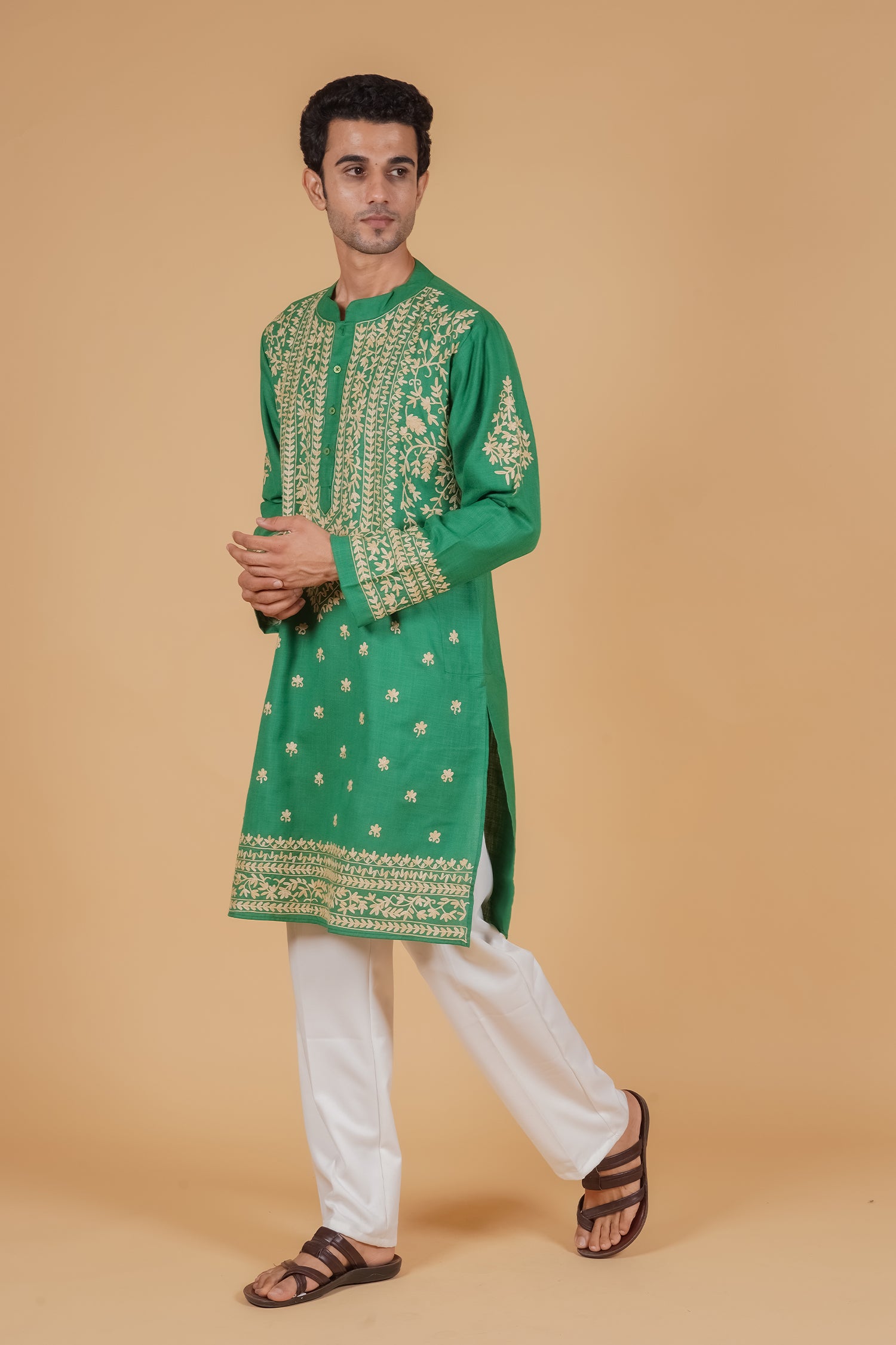 Men’s Kashmiri Aari Embroidered Kurta Ruby Cotton - Emerald Green