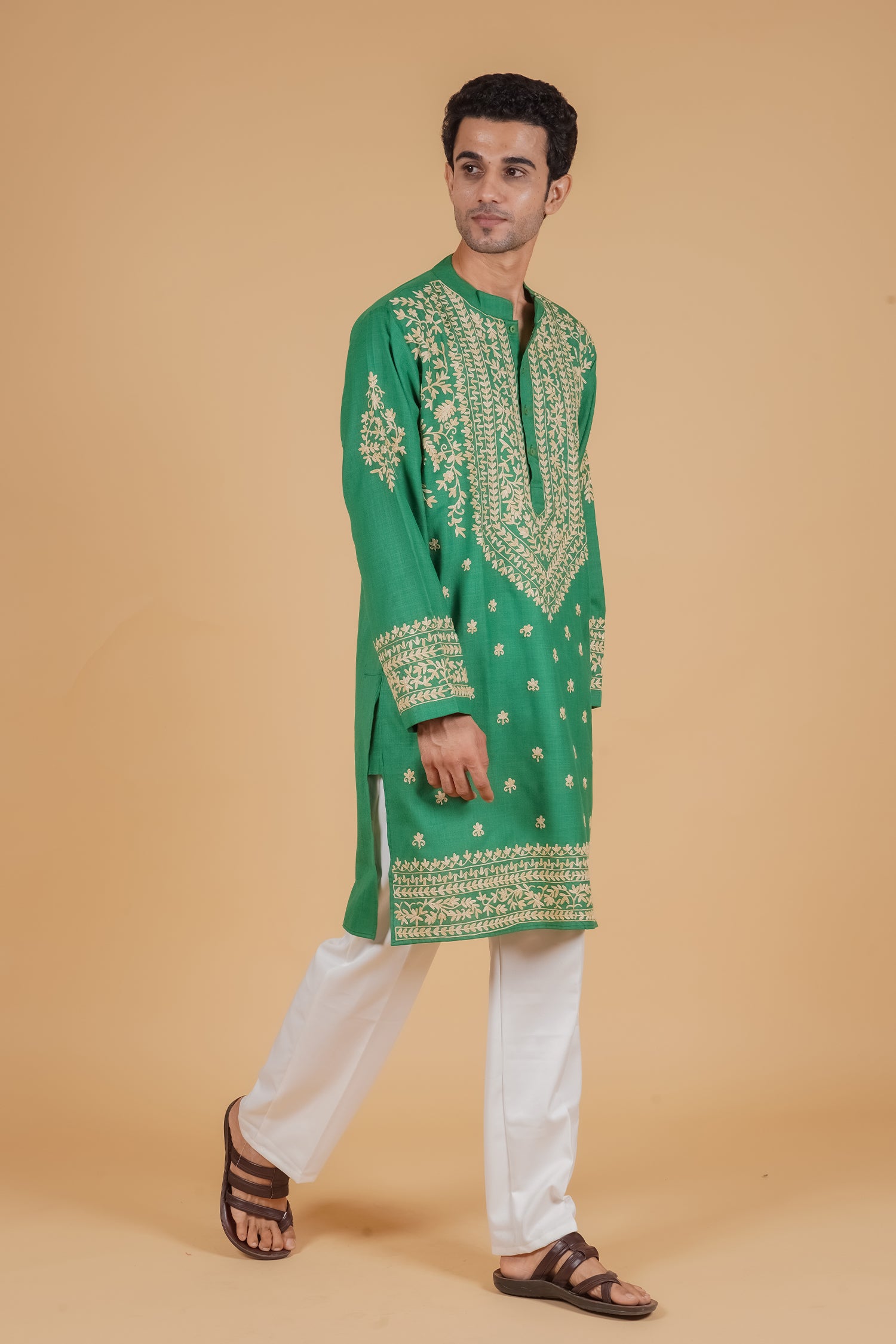 Men’s Kashmiri Aari Embroidered Kurta Ruby Cotton - Emerald Green