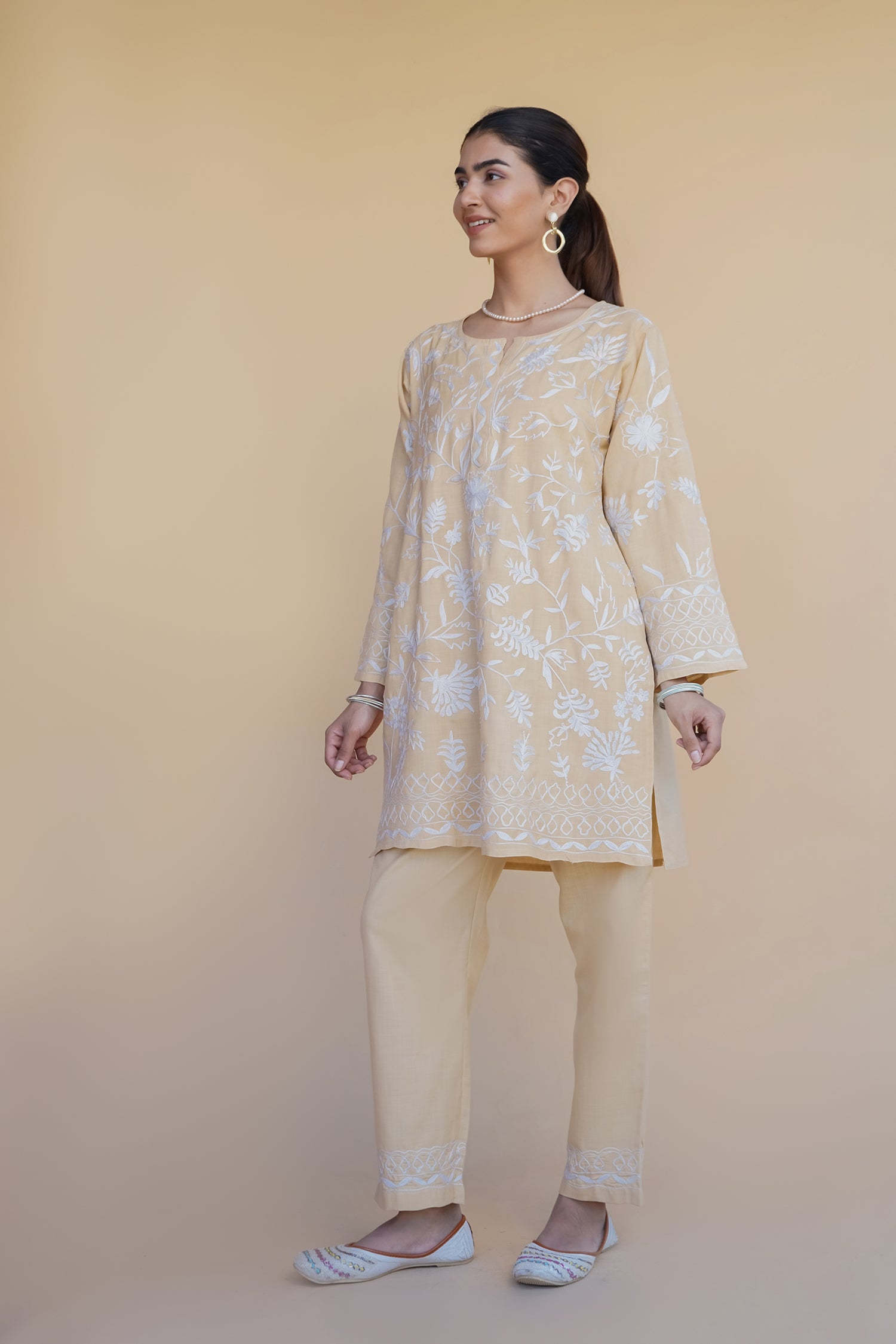 Komal x HOK Kashmiri Aari Work Cotton Kurta Set - Beige With White