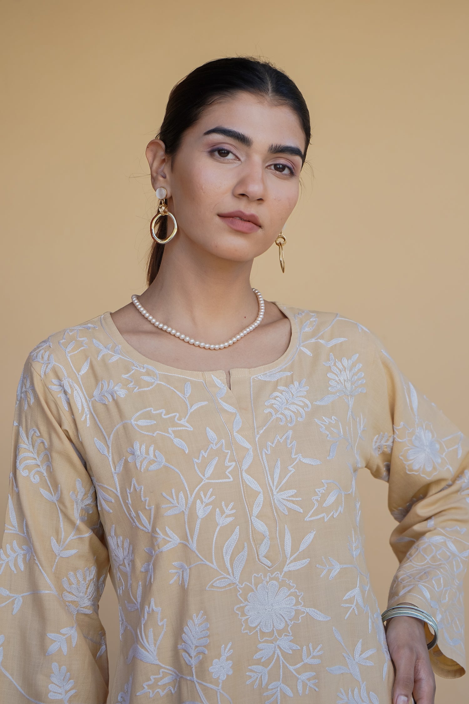 Komal x HOK Kashmiri Aari Work Cotton Kurta Set - Beige With White