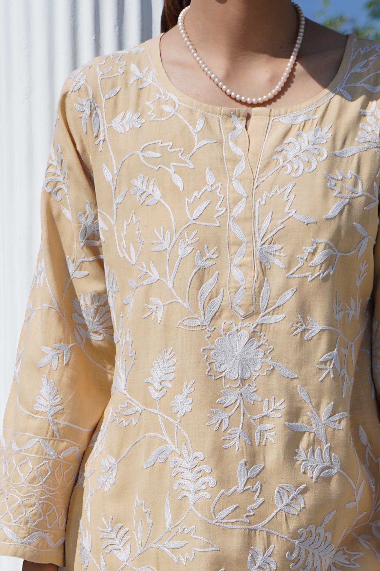 Vanshita in Kashmiri Aari Work Cotton Kurta Set - Beige With White