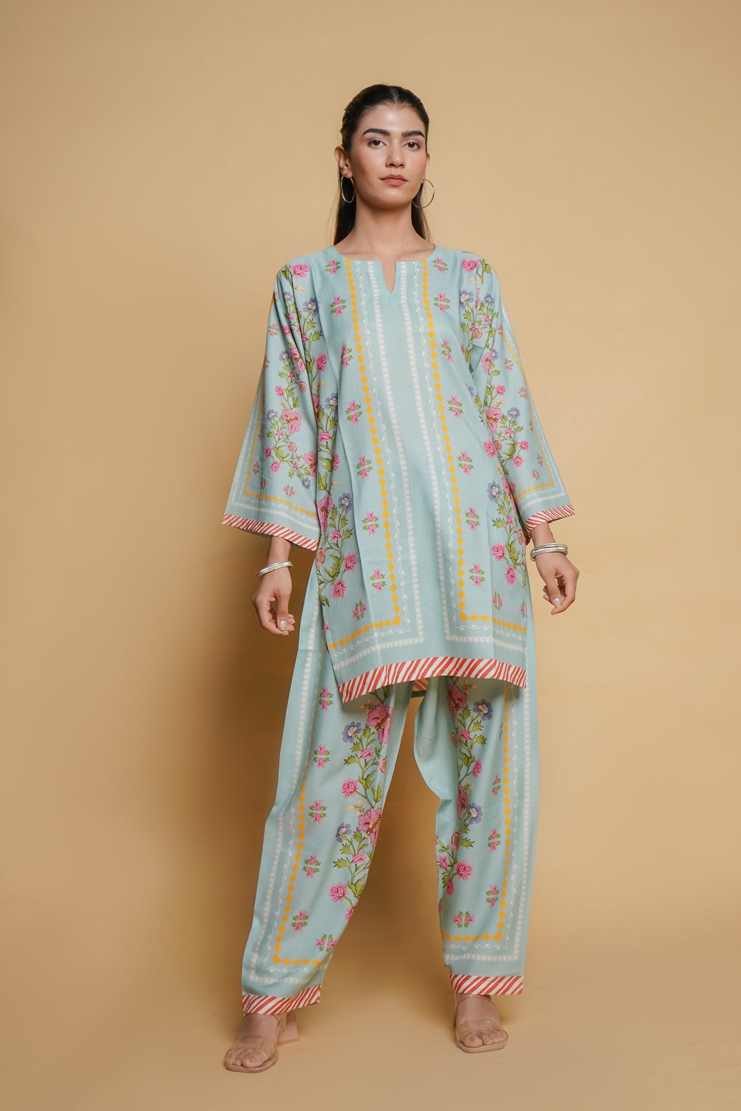 Anureet in Printkari Poly Muslin Co-ord set in Tourquise Green