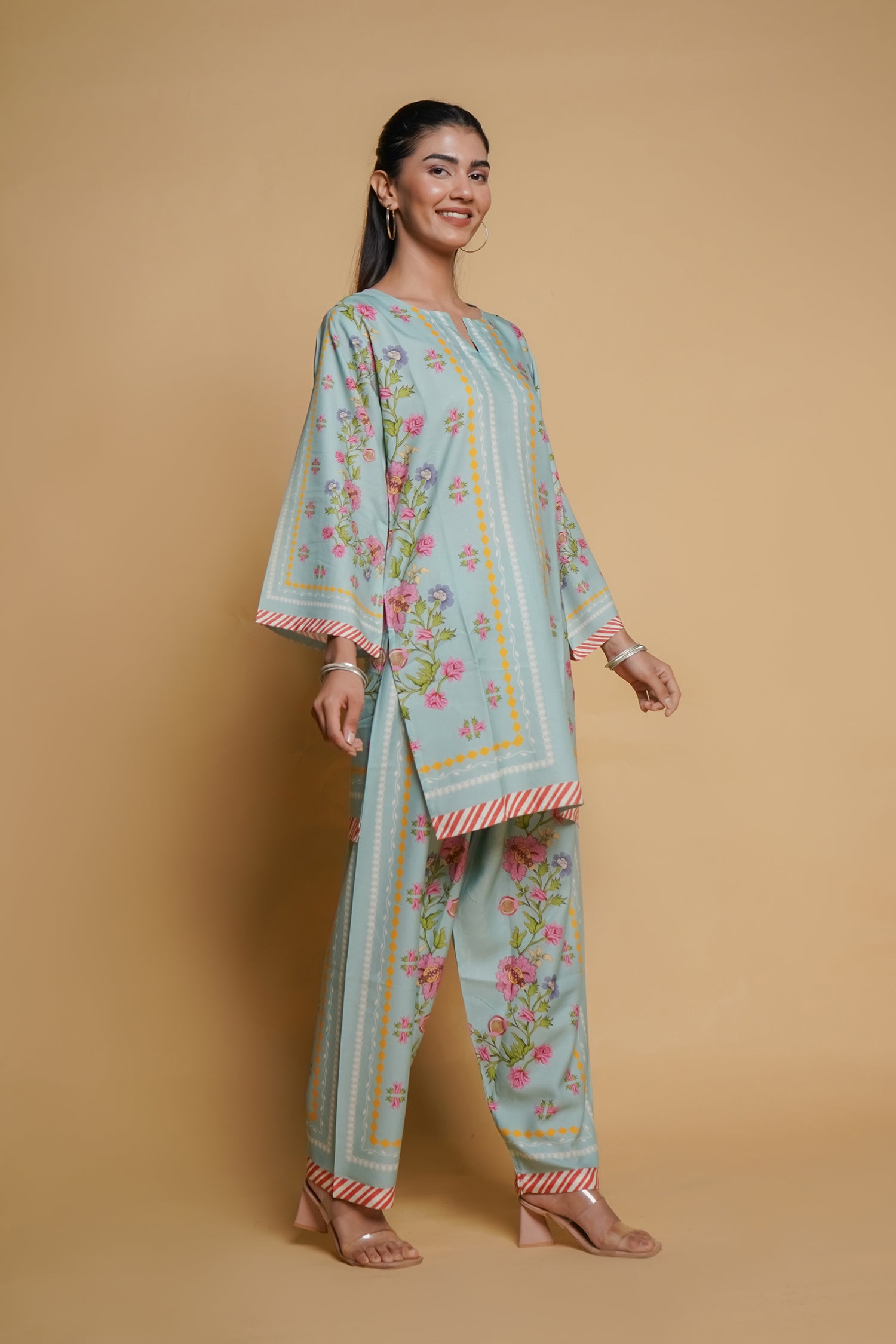 Anureet in Printkari Poly Muslin Co-ord set in Tourquise Green