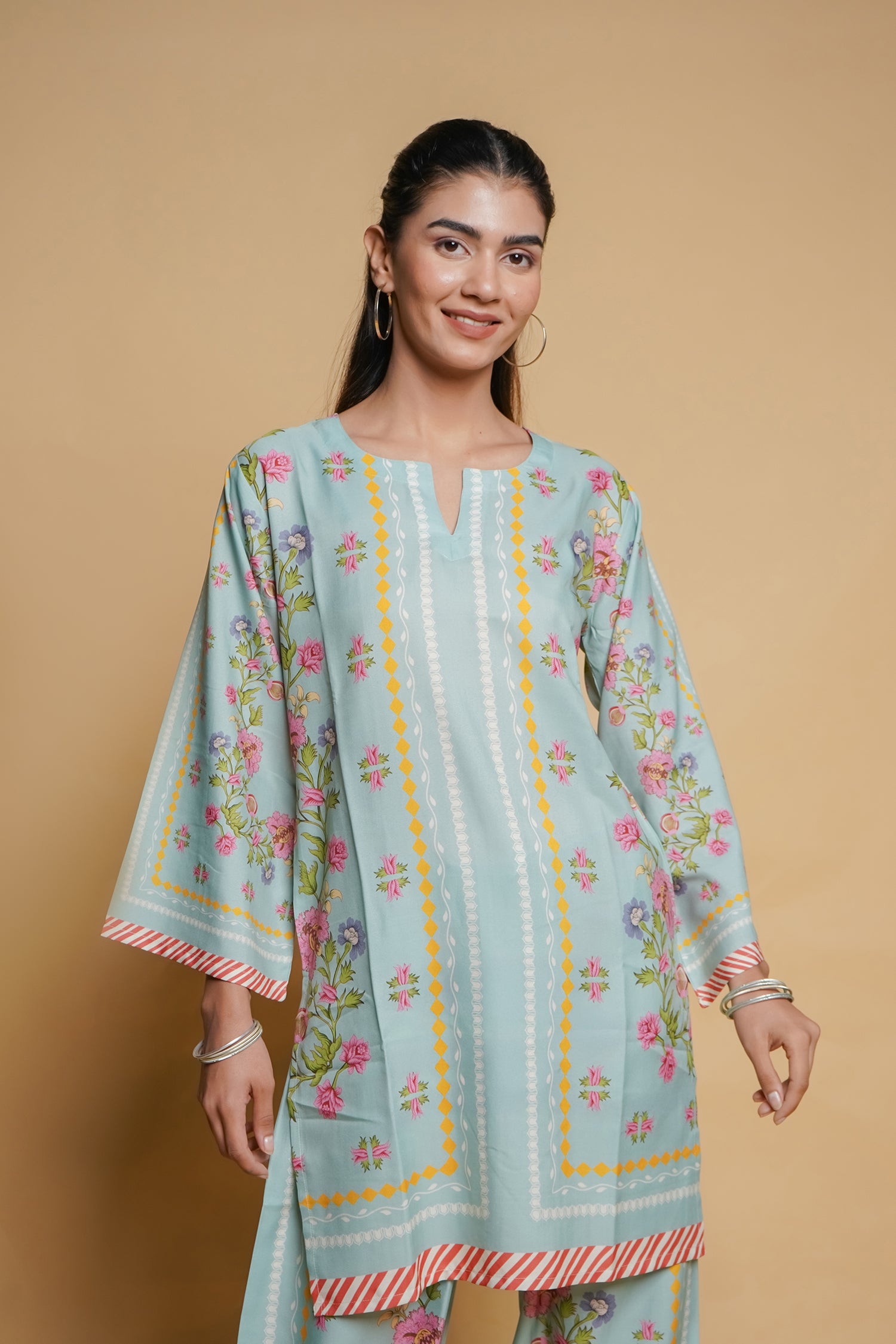 Anureet in Printkari Poly Muslin Co-ord set in Tourquise Green