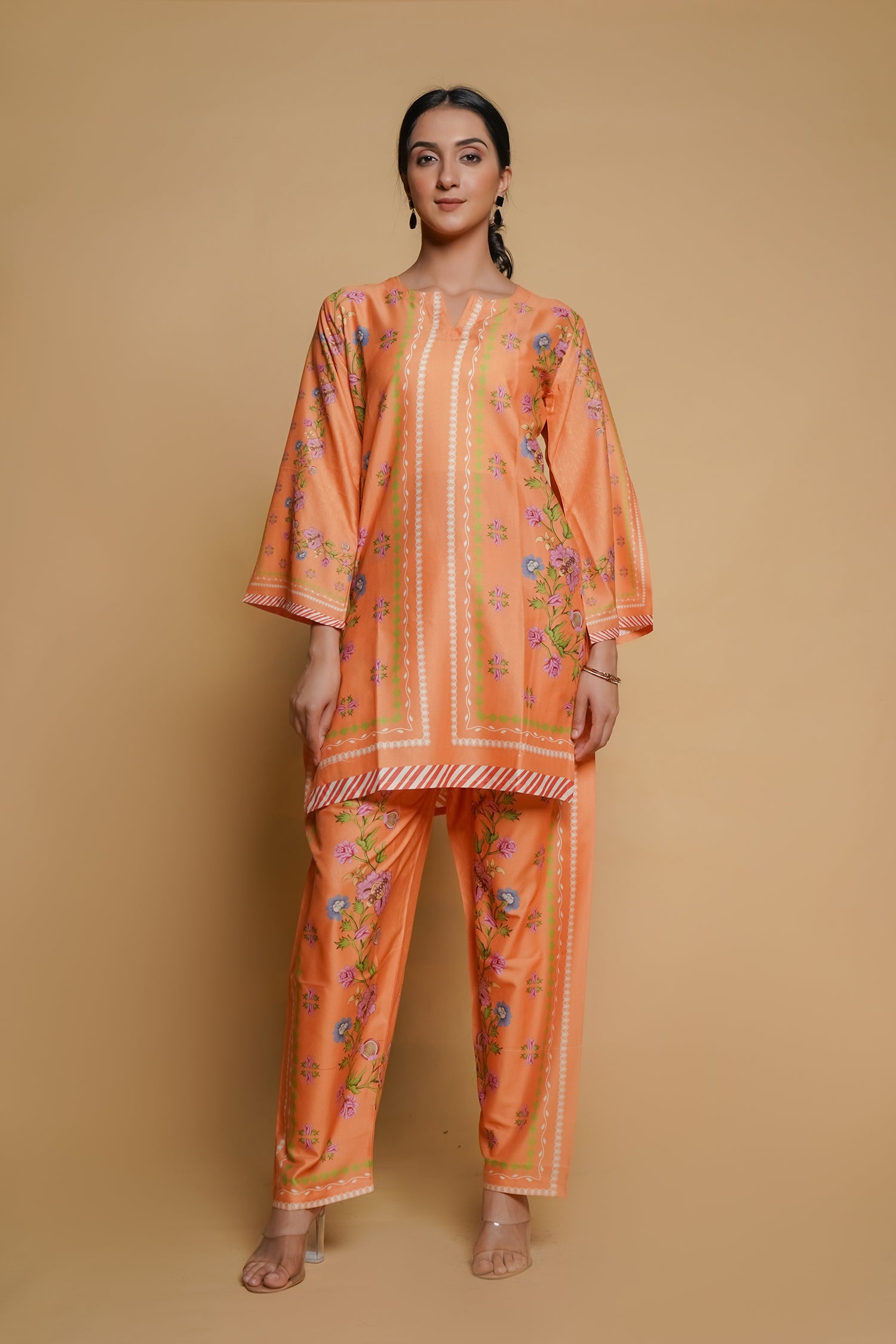 Printkari Poly Muslin Co-ord set in Peach orange