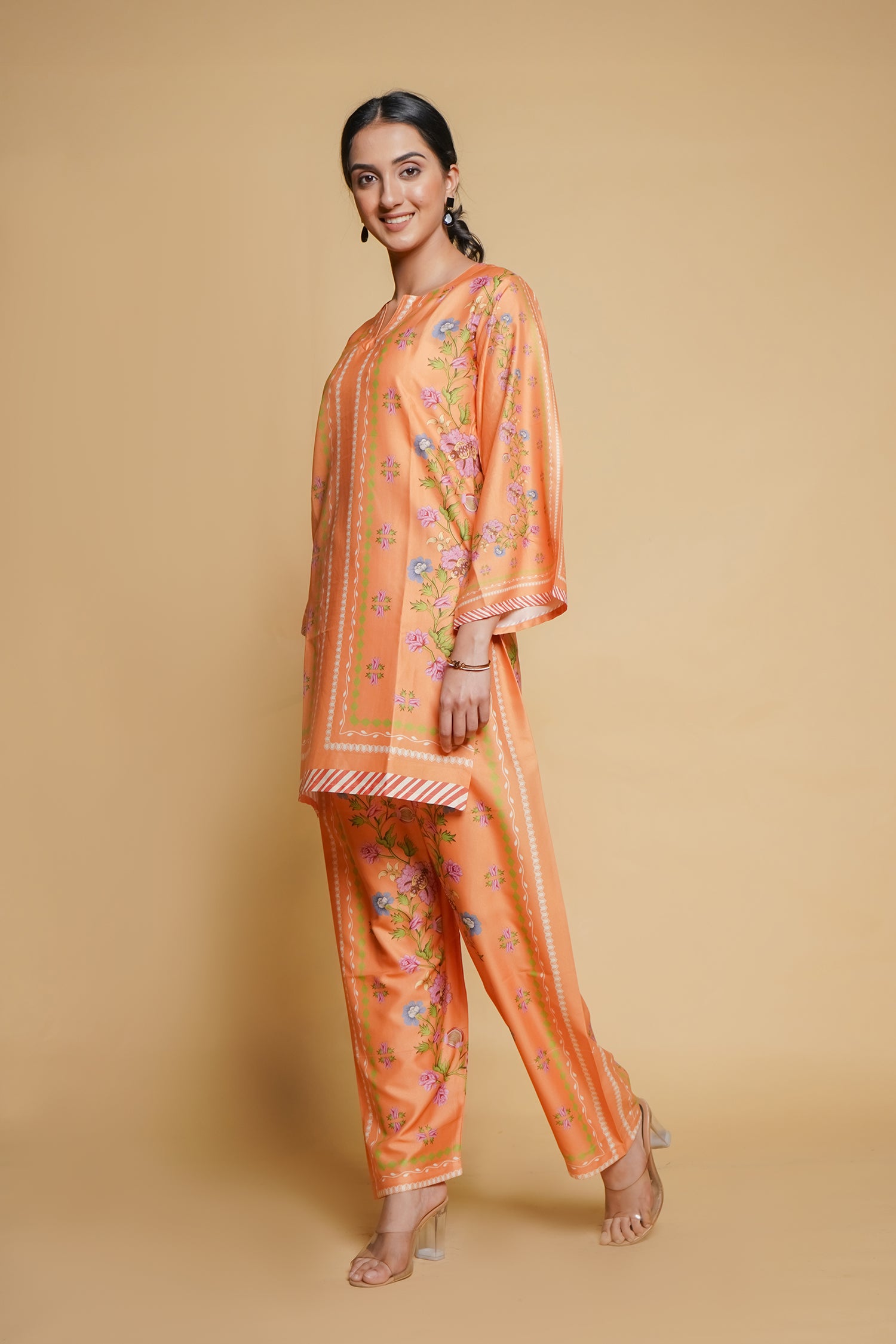 Printkari Poly Muslin Co-ord set in Peach orange