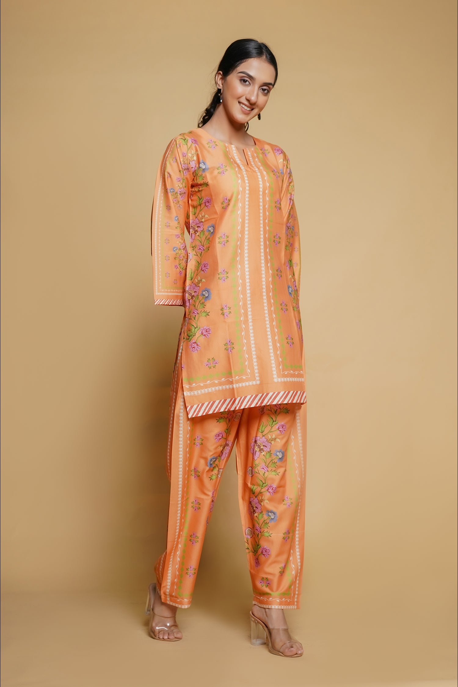 Printkari Poly Muslin Co-ord set in Peach orange