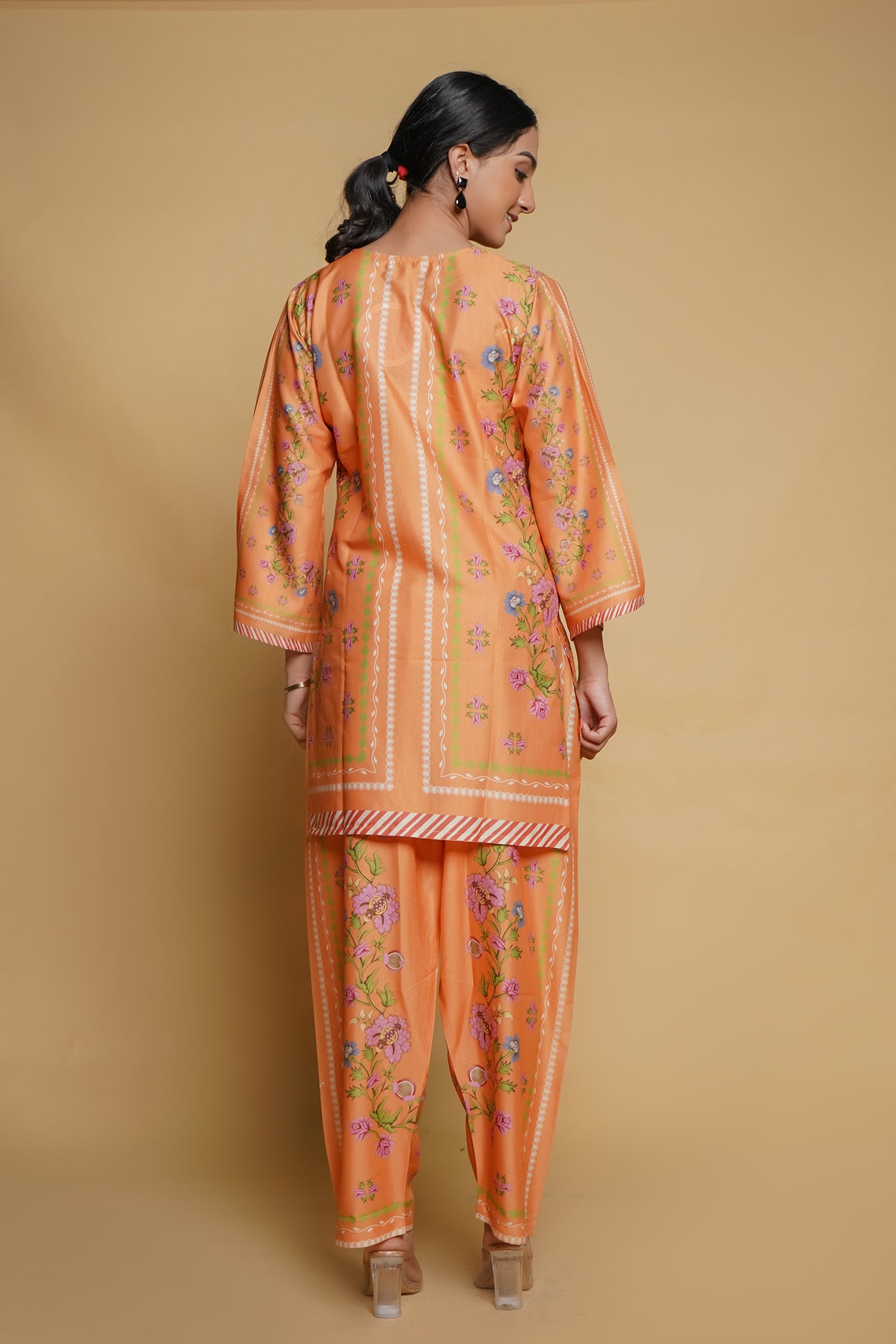 Printkari Poly Muslin Co-ord set in Peach orange