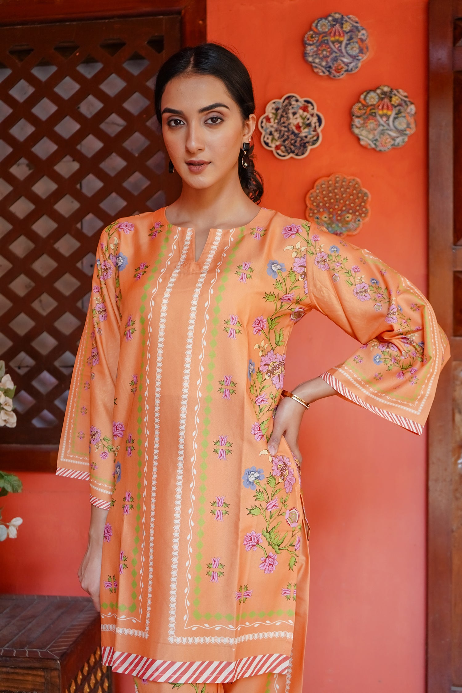 Printkari Poly Muslin Co-ord set in Peach orange