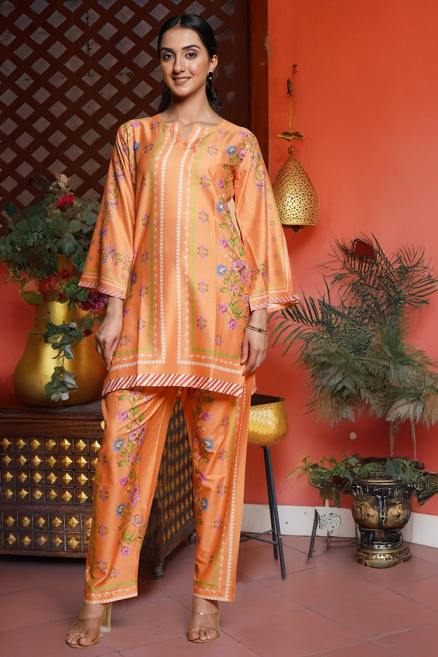 Printkari Poly Muslin Co-ord set in Peach orange