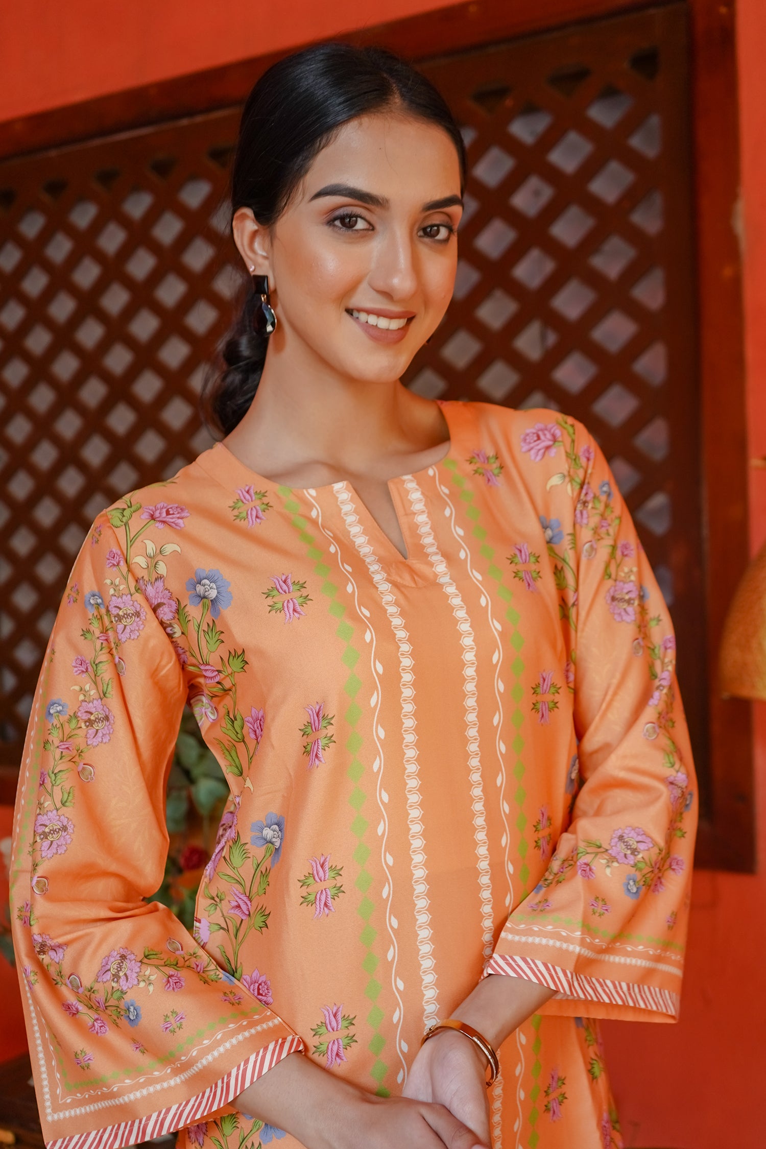 Printkari Poly Muslin Co-ord set in Peach orange