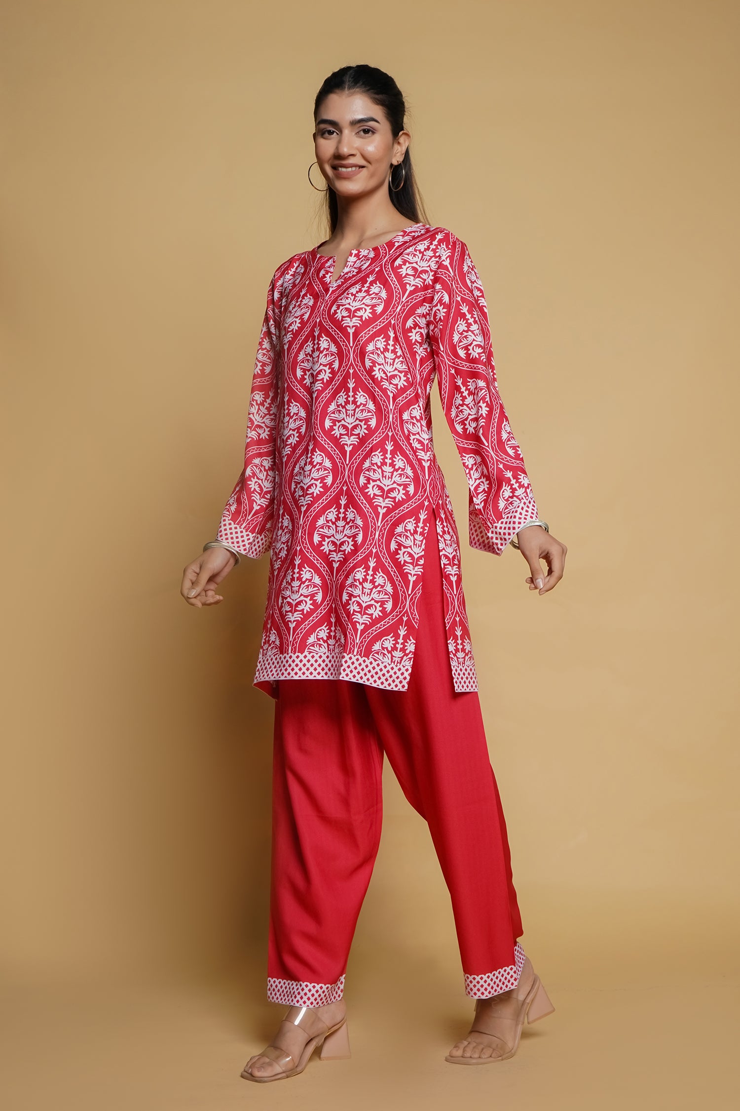 Printkari Poly Muslin Co-ord set in Strawberry Red