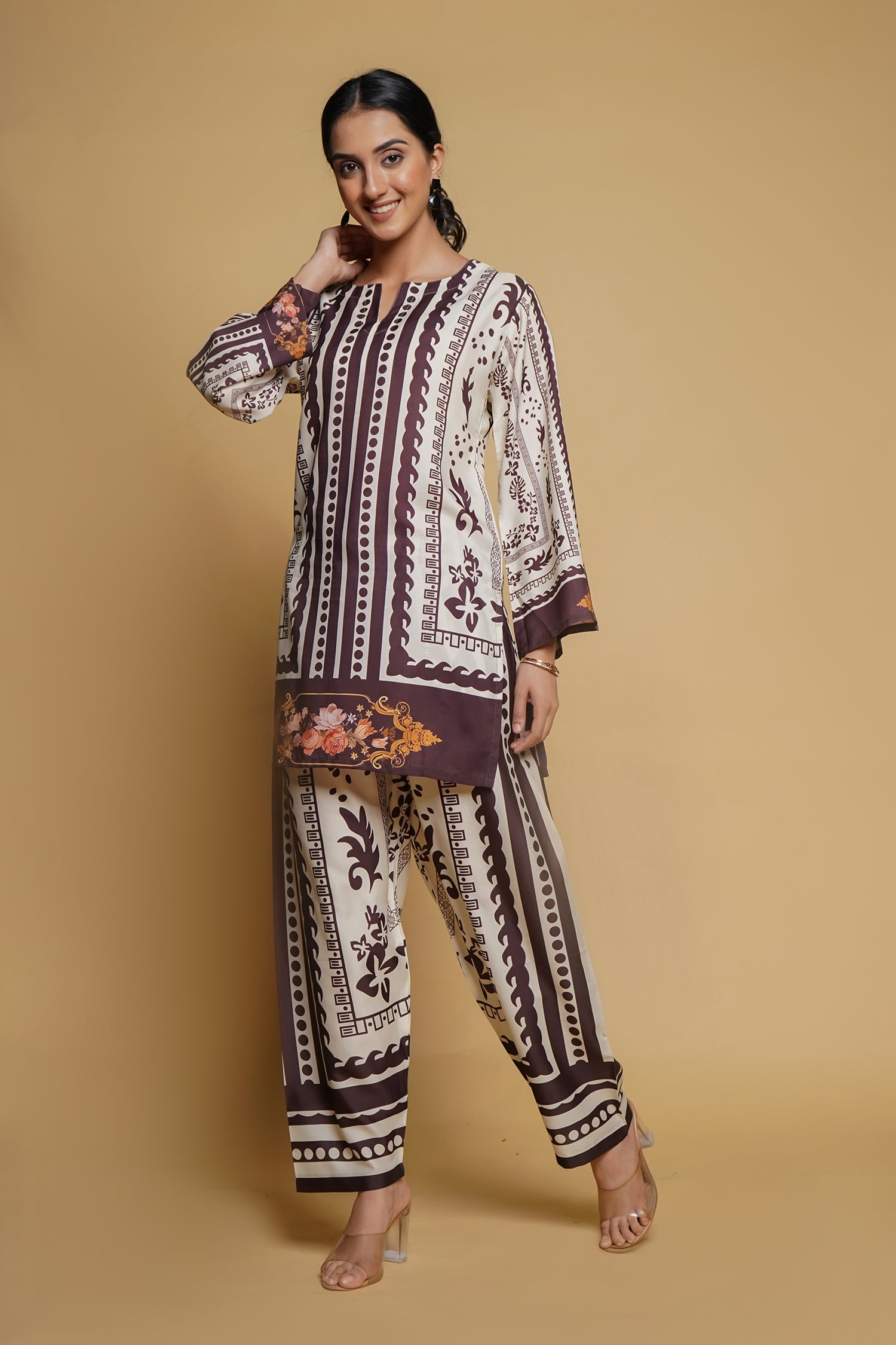 Printkari Poly Muslin Co-ord set in Mocha