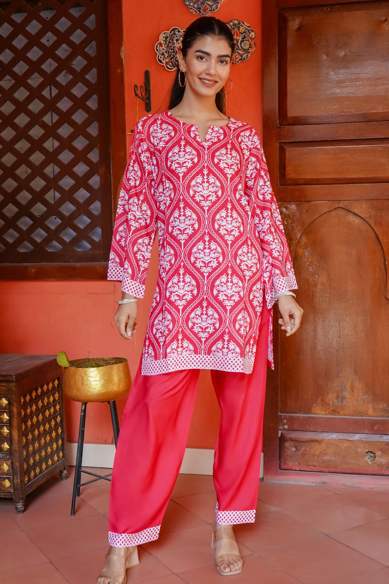 Printkari Poly Muslin Co-ord set in Strawberry Red