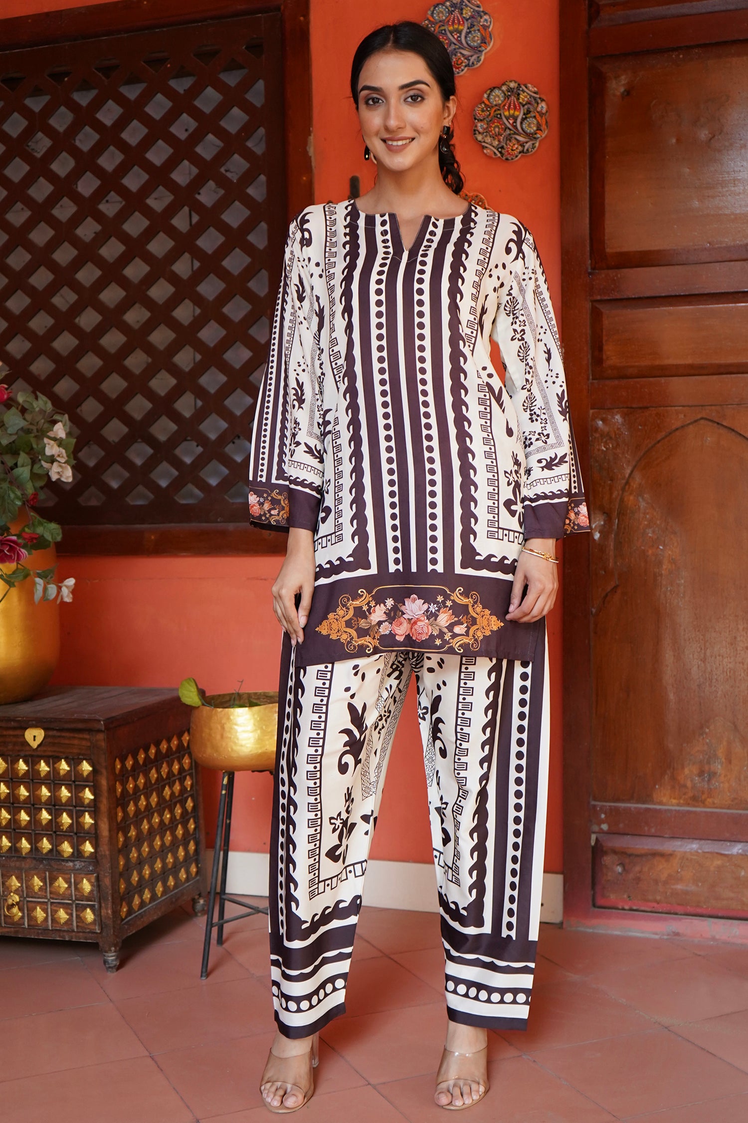 Printkari Poly Muslin Co-ord set in Mocha