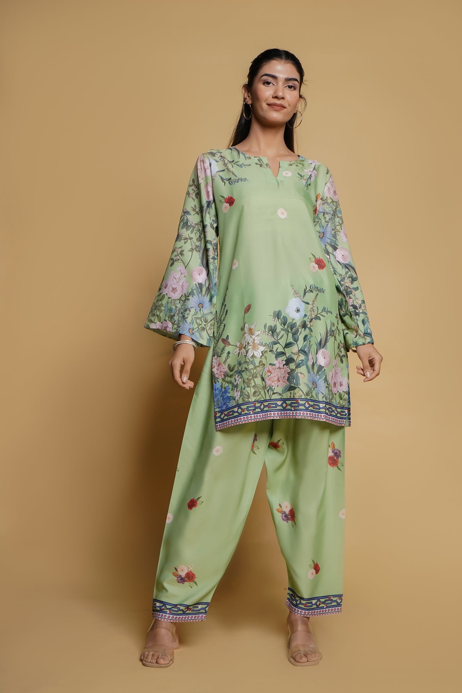 Aarti in Printkari Poly Muslin Co-ord set in Green