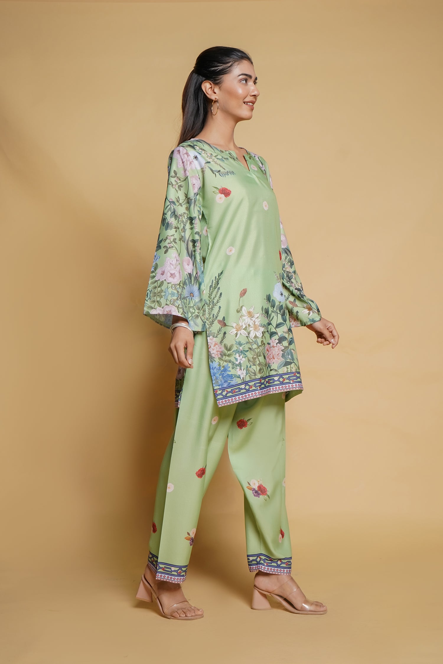 Aarti in Printkari Poly Muslin Co-ord set in Green