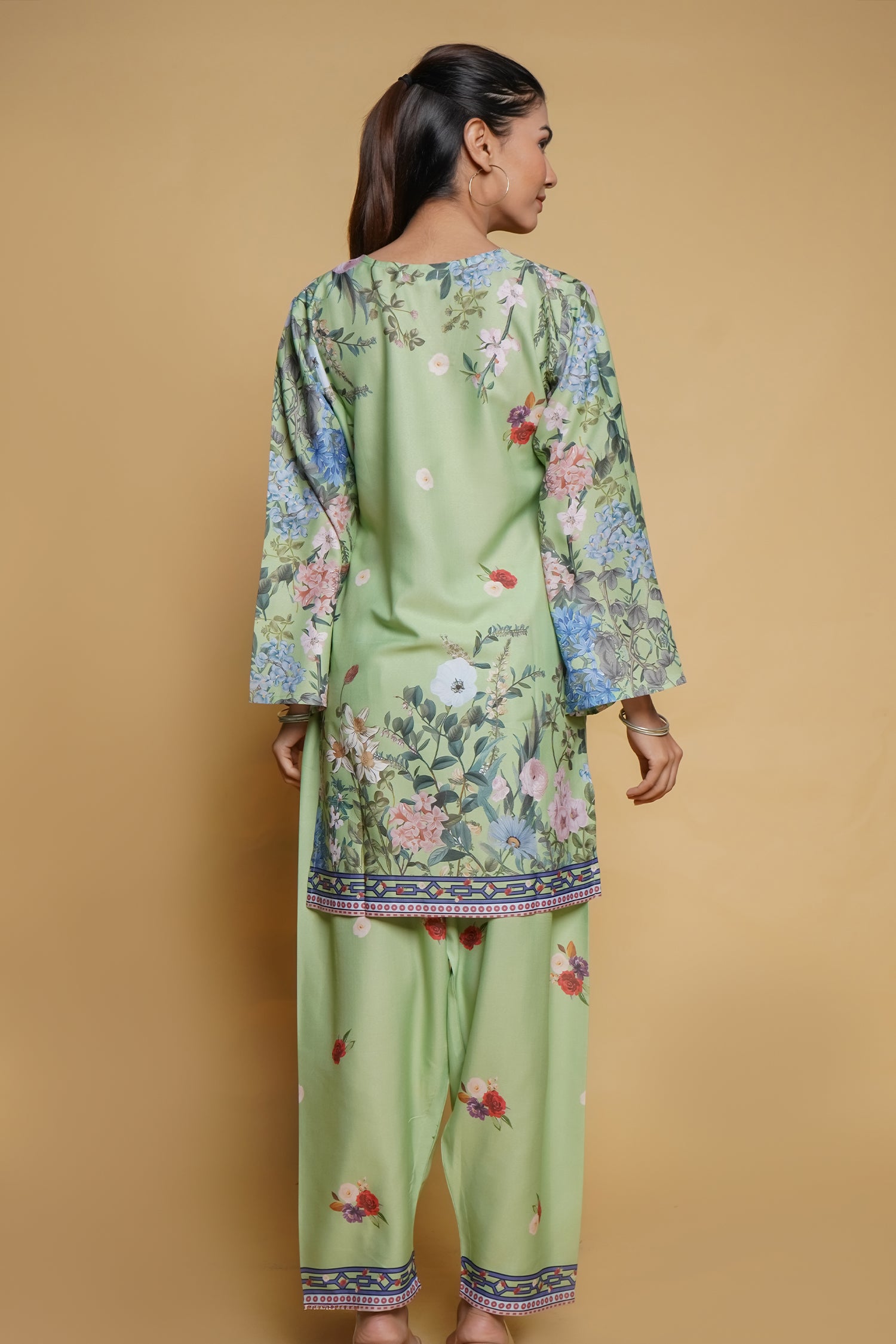 Aarti in Printkari Poly Muslin Co-ord set in Green