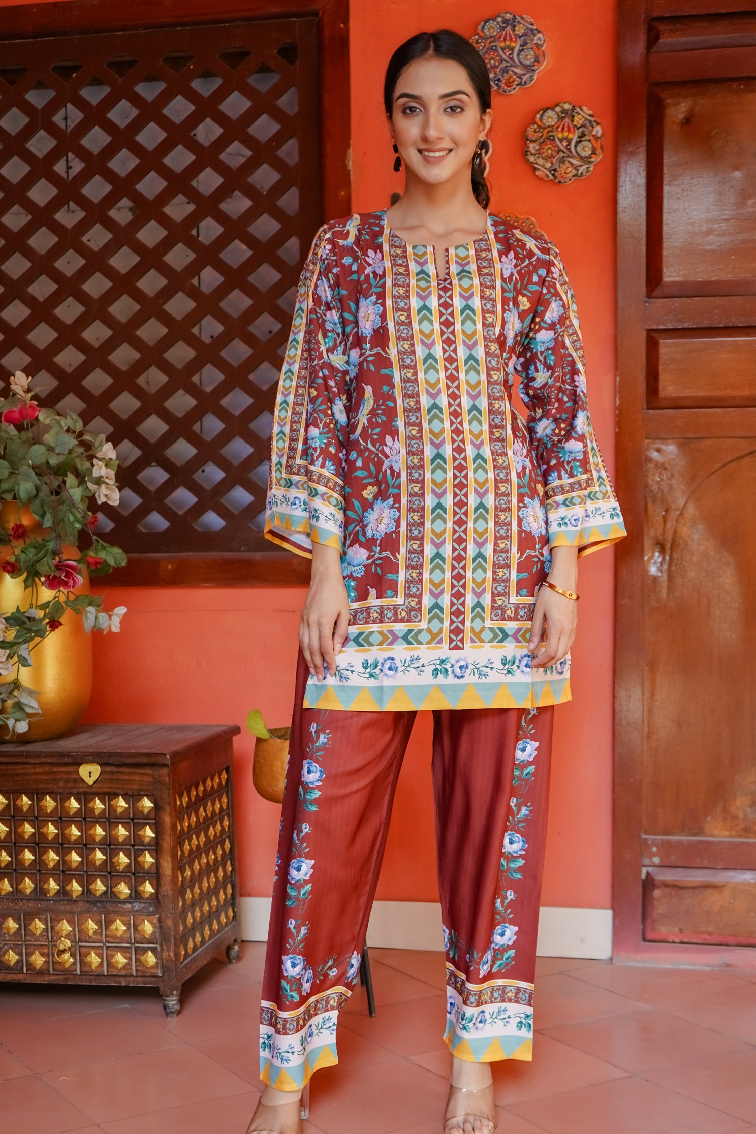 Printkari Poly Muslin Co-ord set in Mocha Brown