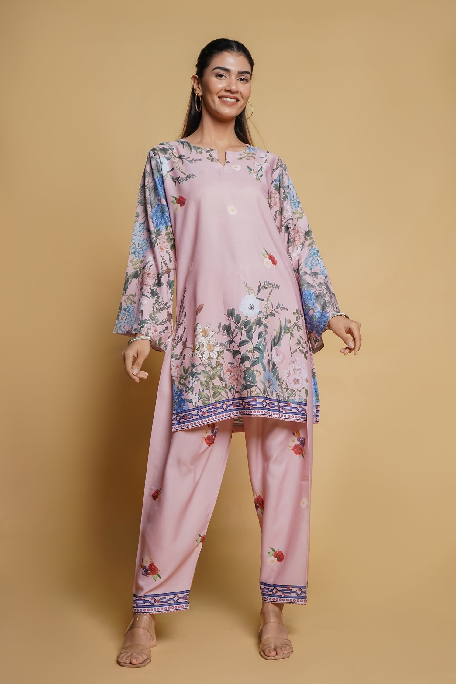 Shivani in Printkari Poly Muslin Co-ord set in Pink