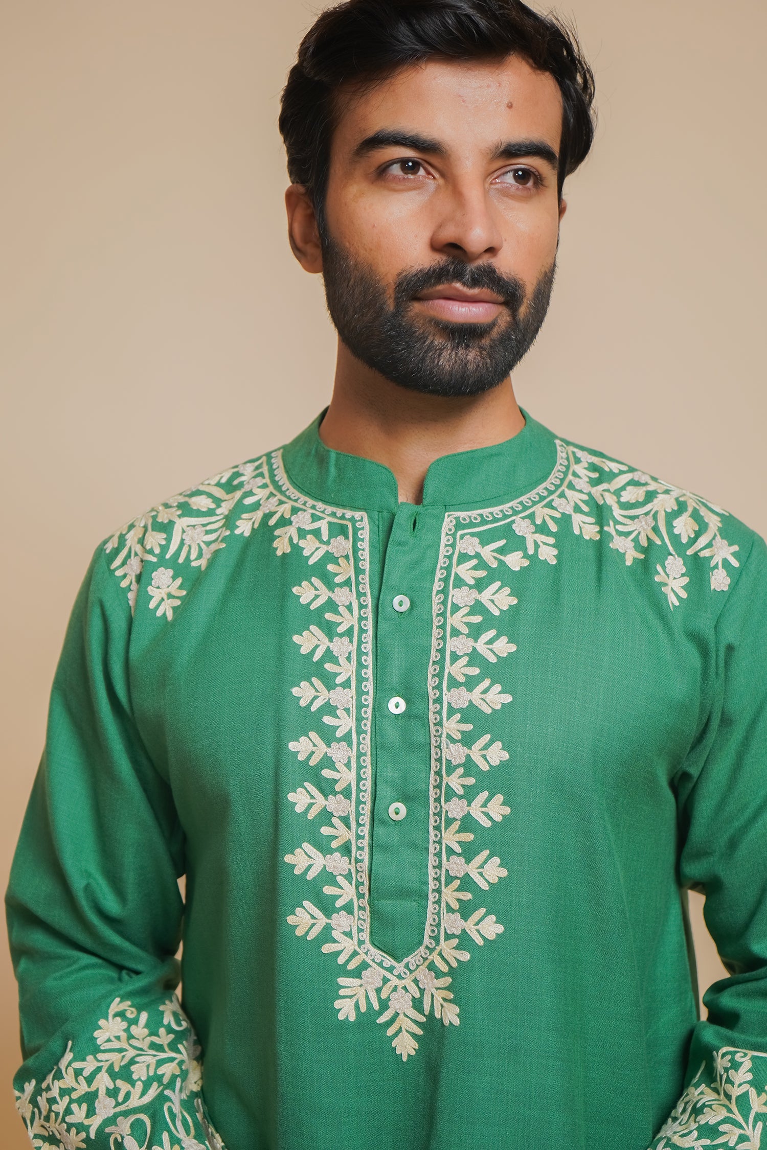 Cotton Arri Work Kurta for Men – Green