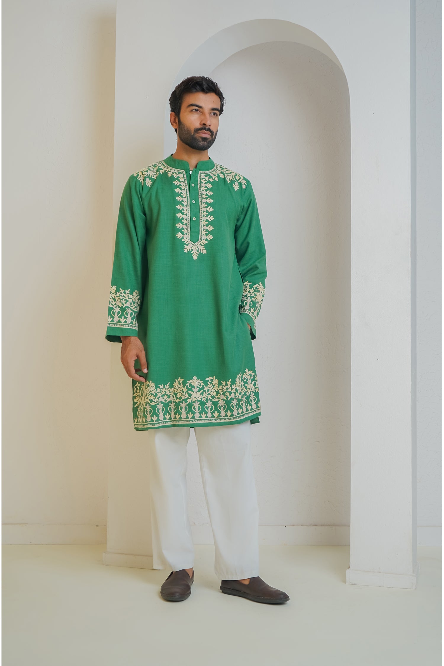 Cotton Arri Work Kurta for Men – Green