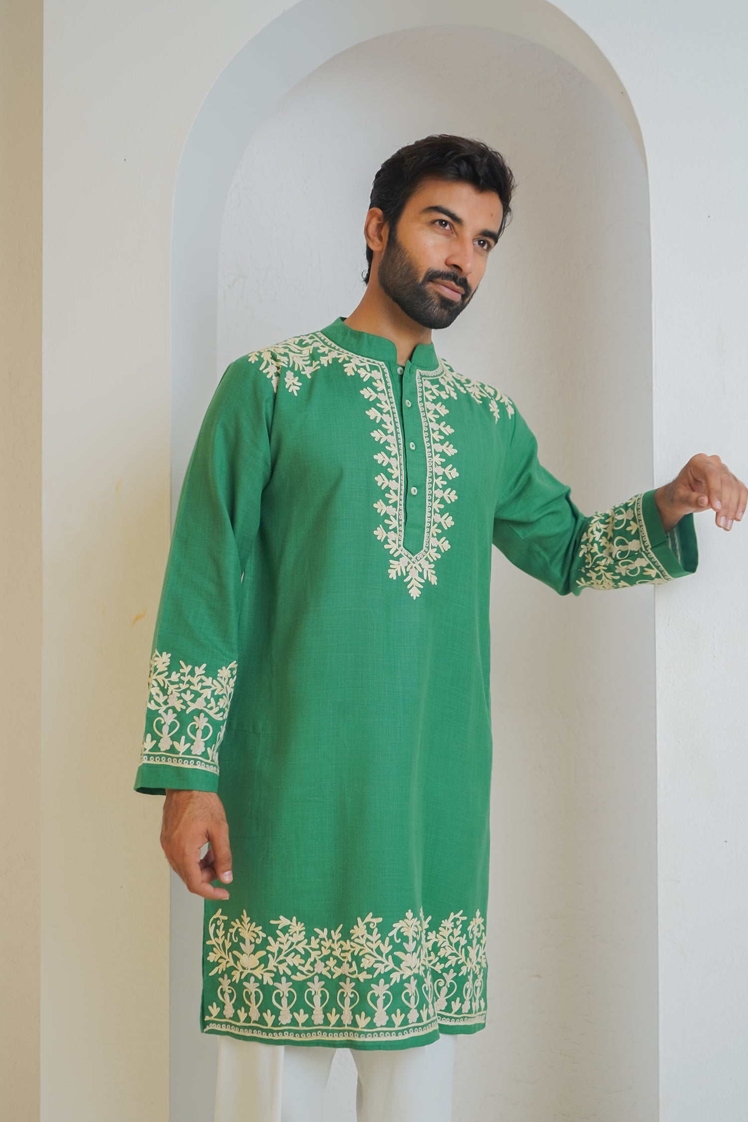 Cotton Arri Work Kurta for Men – Green