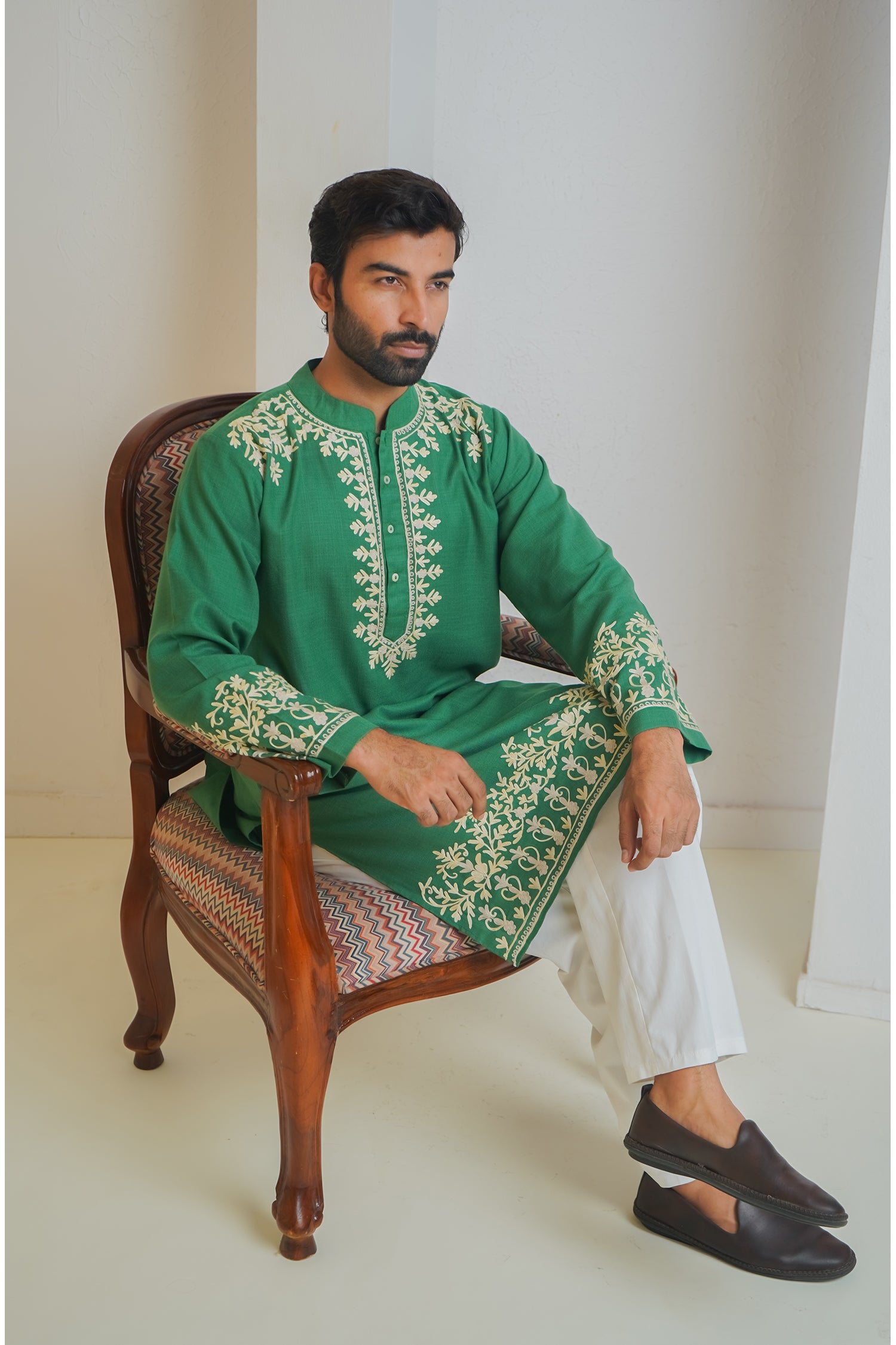 Cotton Arri Work Kurta for Men – Green
