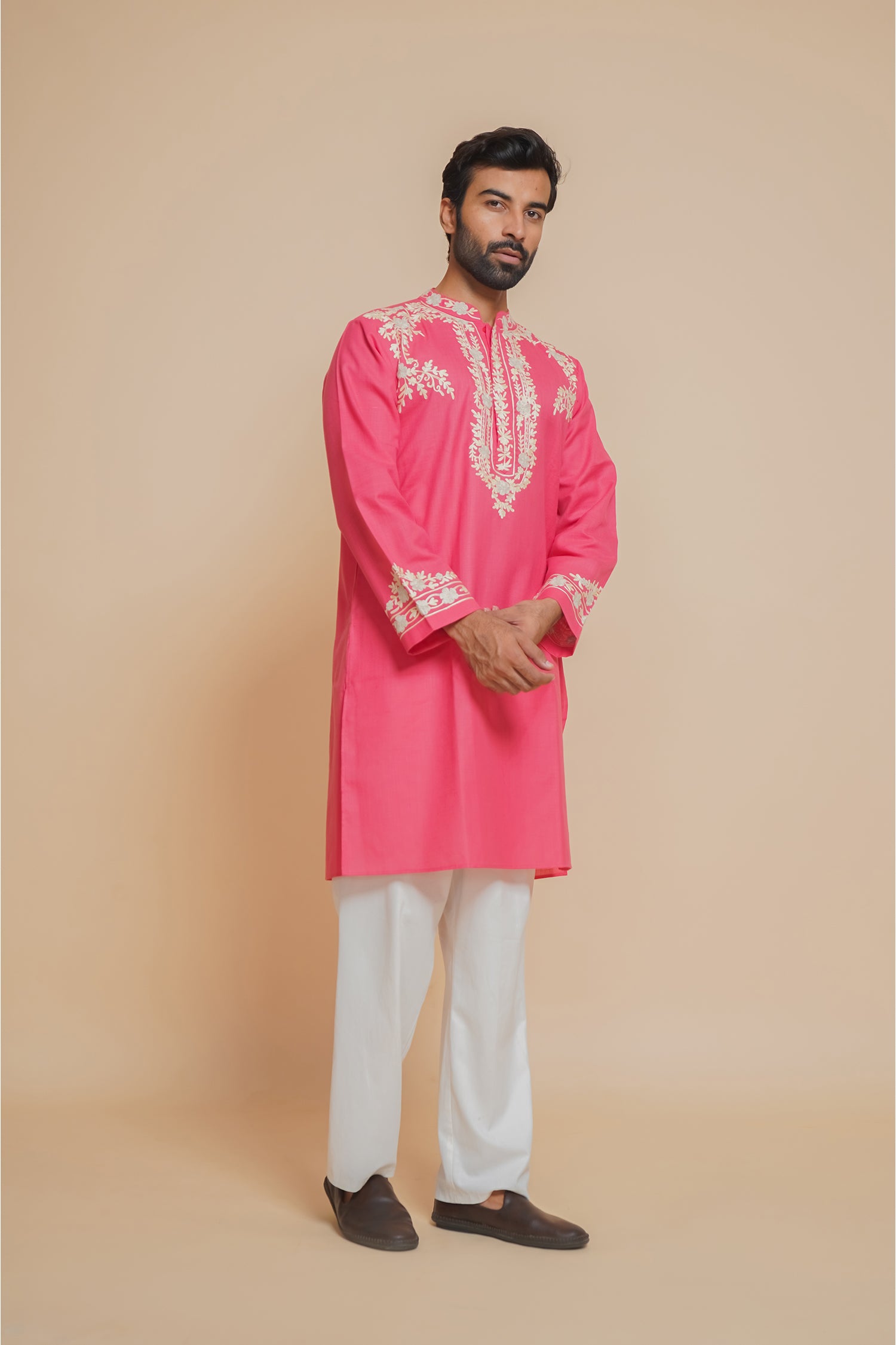 Cotton Arri Work Kurta for Men – Pink