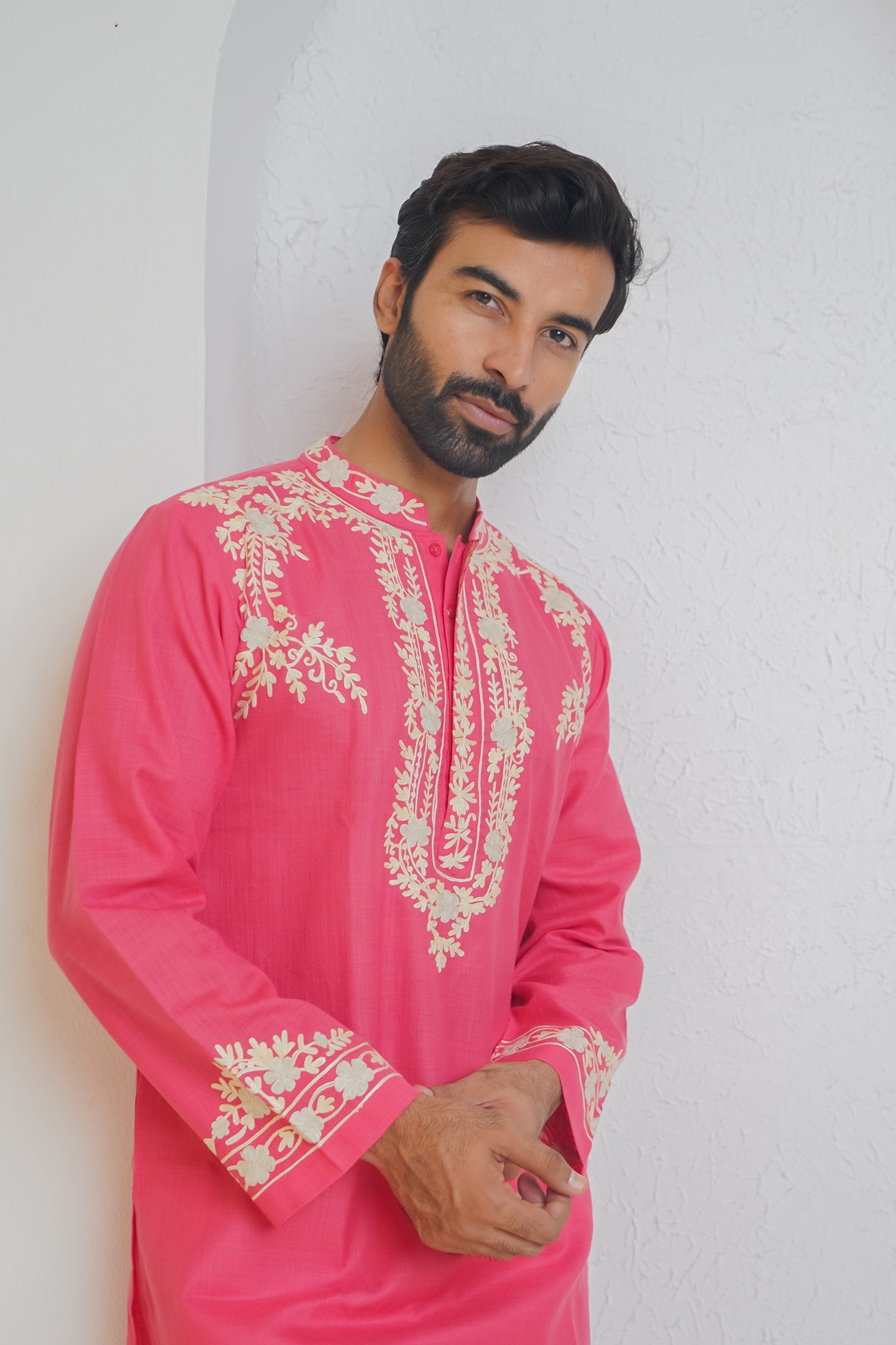 Cotton Arri Work Kurta for Men – Pink